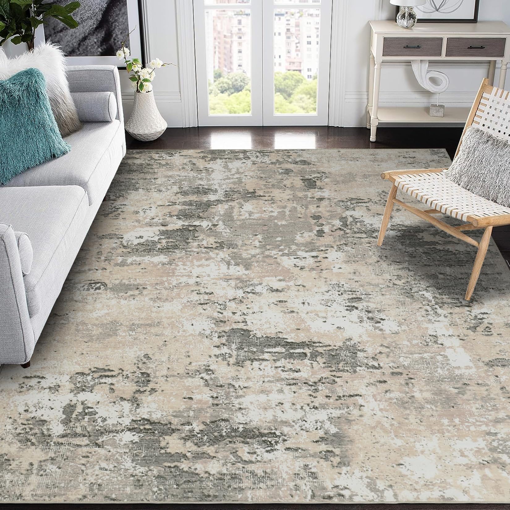 CAROMIO Modern Abstract Area Rug 120x170 cm, Machine Washable Rug for Living Room, Non-Slip Low Pile Carpet for Bedroom, Grey Yellow