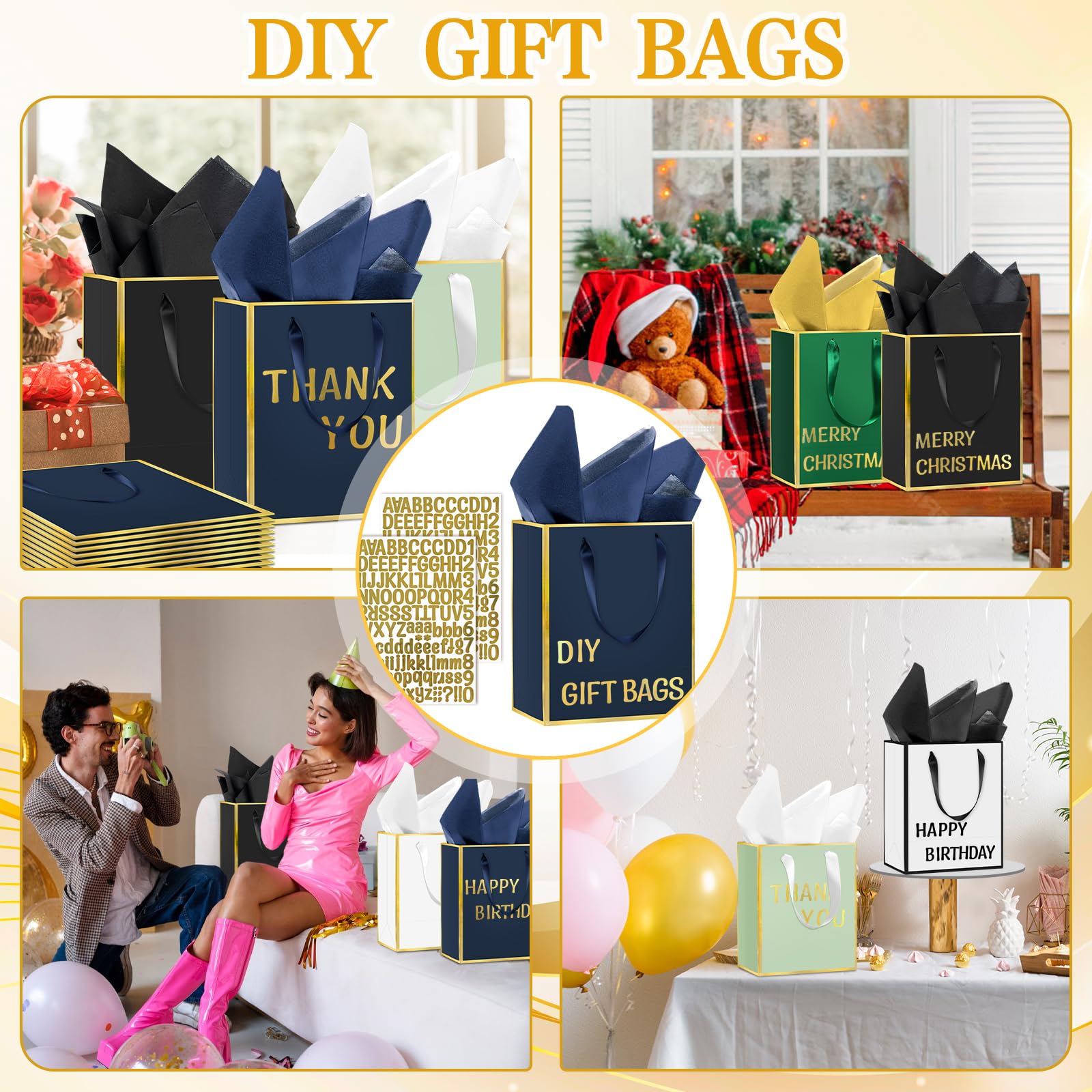 Lot de 12 sacs cadeaux en papier métallique avec poignées, papier de soie et stylos de peinture, 22,9 x 17,8 x 7,6 cm, sacs cadeaux à 5 sens avec étiquettes pour lui et elle, adaptés pour les