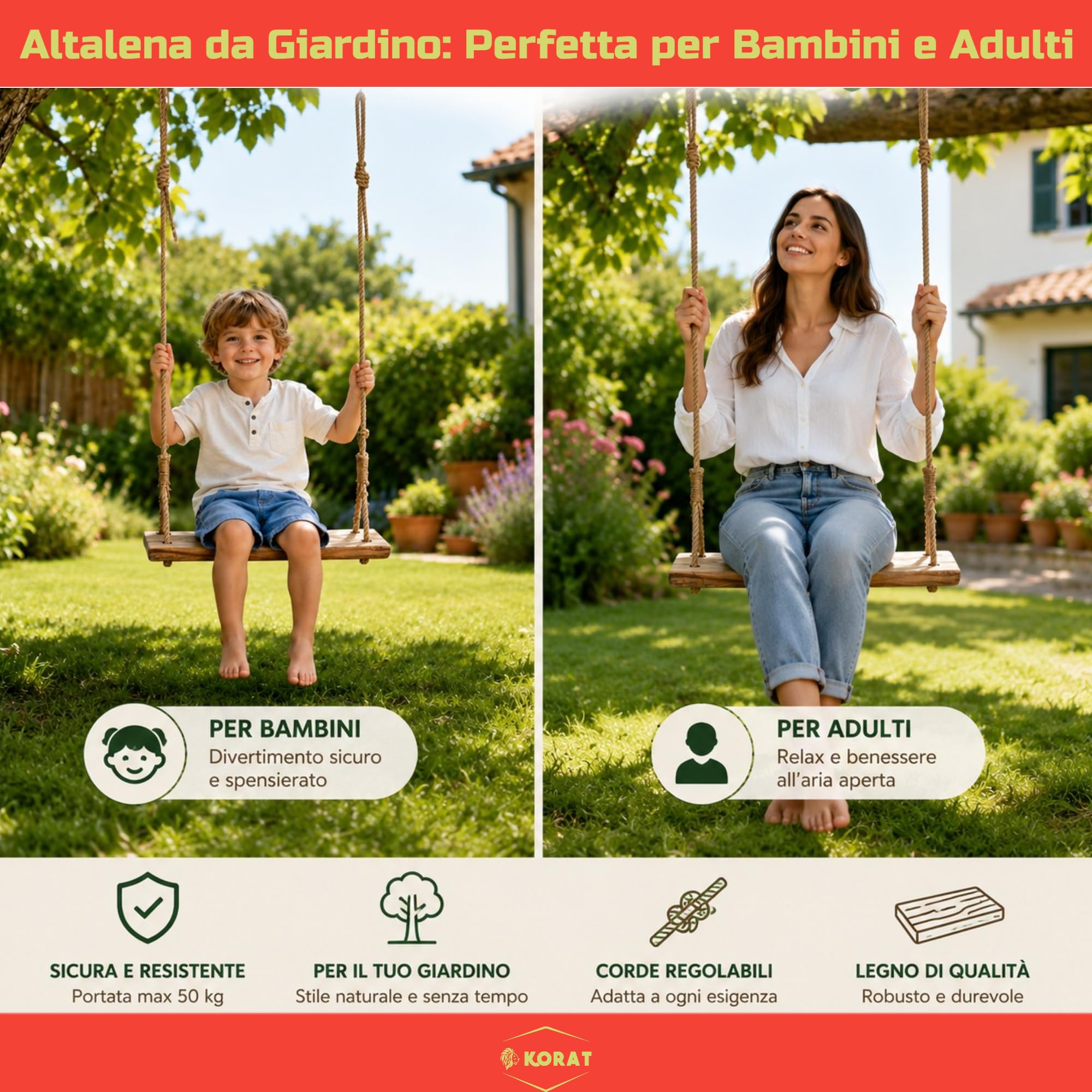 KORAT Altalena da Giardino in Legno con Corde in Juta Naturale – Altalena Sospesa per Bambini e Adulti – Seduta in Legno Massello 59x16 cm – Corde Regolabili fino a 250 cm – Portata Massima 150 kg