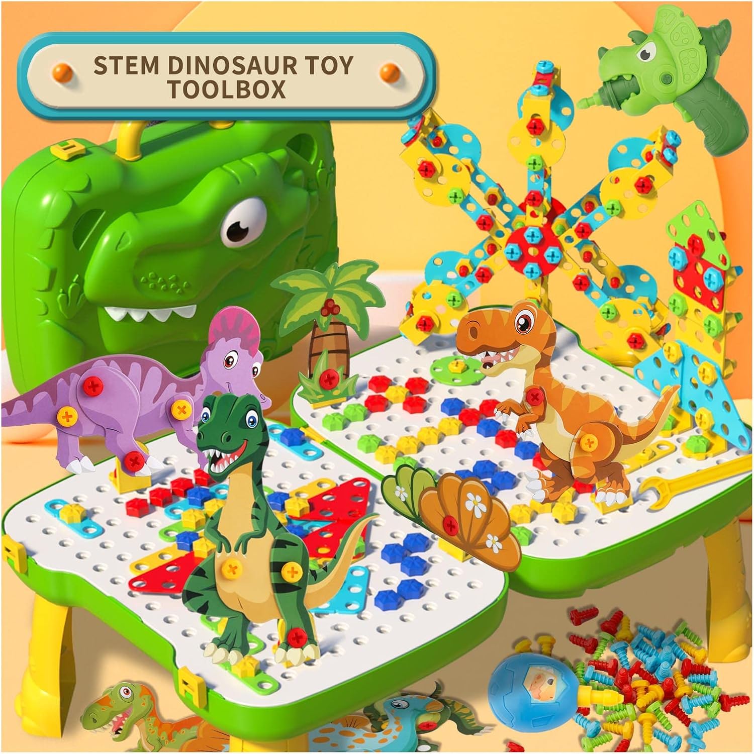 Draywitt Kids Toy Drill Set - STEM Learning Toys,Educational Activity Preschool Game Toys Boys Girls Toys for 3-8 Years Old(356 Drill Puzzles) (Dinosaur Puzzle Set)