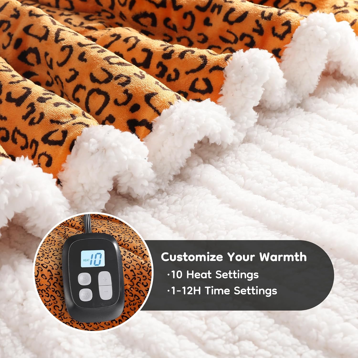 Electric Heated Blanket Full Size 72"x84", Leopard Print Soft Flannel & Sherpa, LCD Display 10 Heat Settings with 1-12H Timer & Overnight Safe, Bed & Couch, Machine Washable, Black Yellow - Image 2