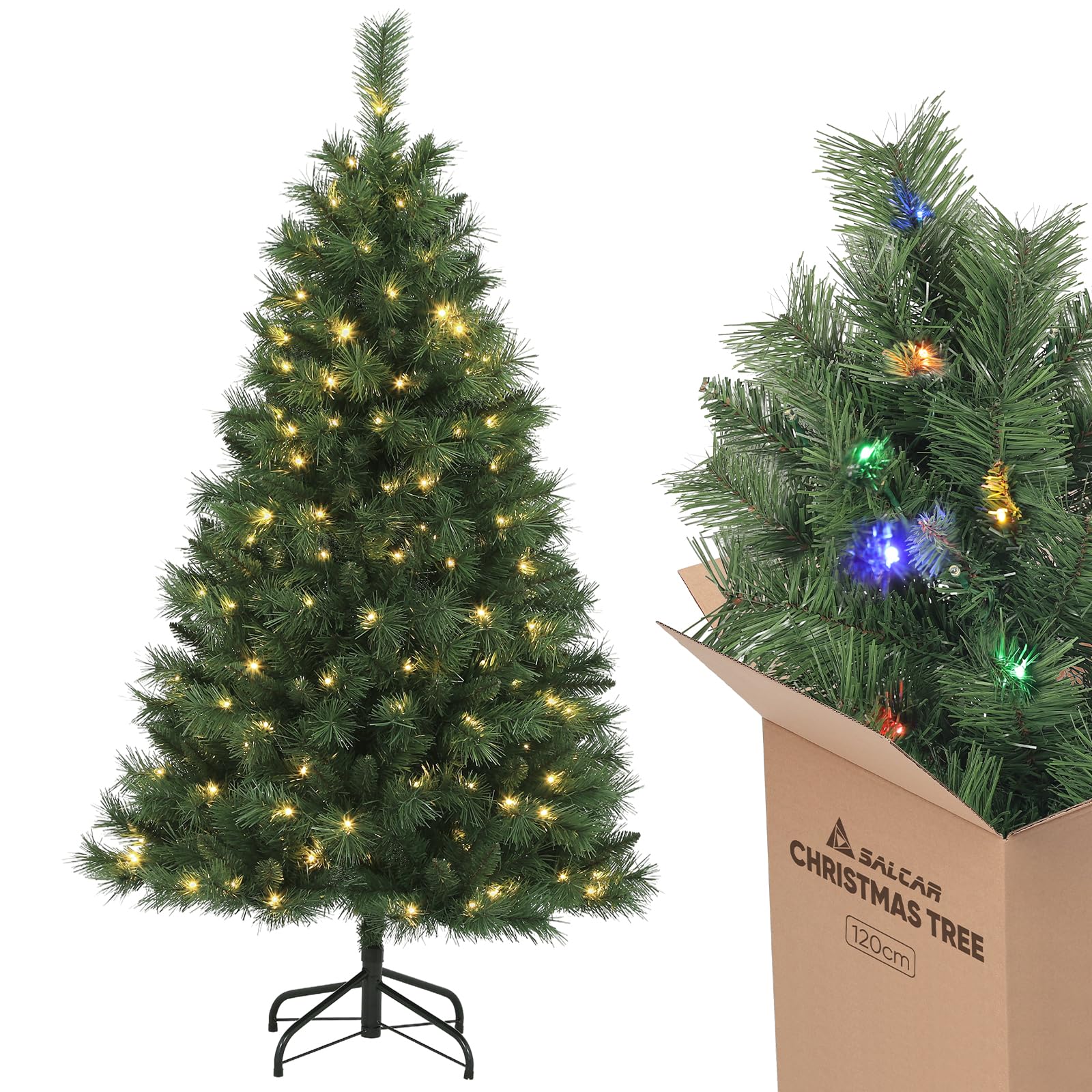 SALCAR künstlicher Weihnachtsbaum mit Beleuchtung, 120 cm hoher Kleiner Tannenbaum mit warmweißer und RGB Christbaumbeleuchtung, PVC Christbaum für Weihnachtsdekoration