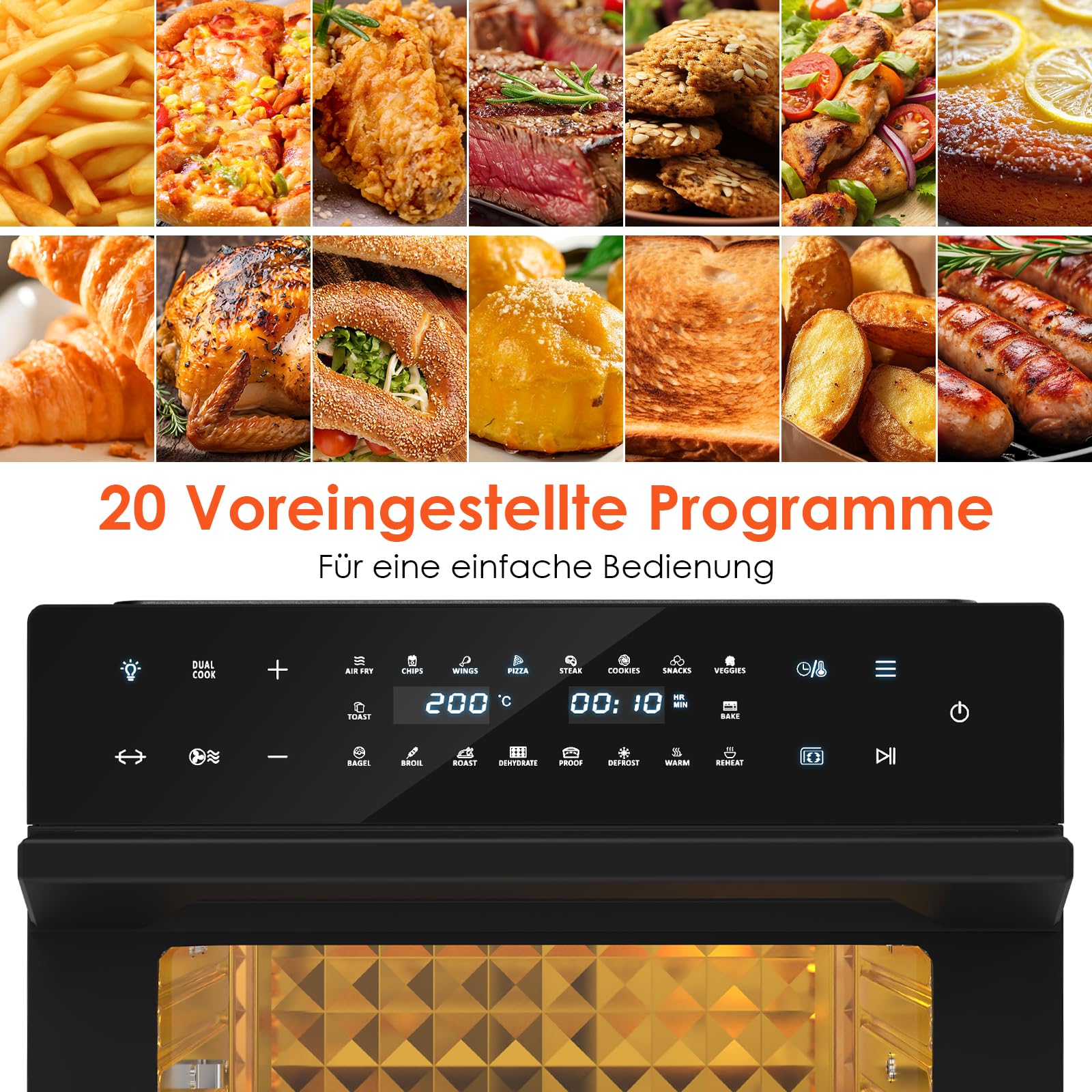 LLIVEKIT 30L Heißluftfritteuse XXL, Minibackofen Umluft mit 20 Programme und 9 Zubehör, Mini Backofen mit LED-Touchscreen, Airfryer Oven ohne Öl mit Sichtfenster, Zwei Kochmodi, Rezeptbuch, 80°C-230°C