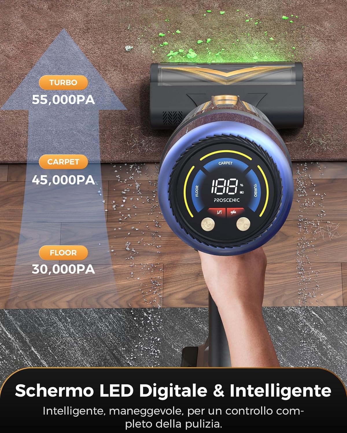 Proscenic P15+ Aspirapolvere Senza Fili 70Min/55Kpa/650W Scopa Elettrica Senza Fili Potente Autonomia Asta Telescopica Regolabile Design Autoportante Tecnologia GreenEye per Pavimenti e Tappeti