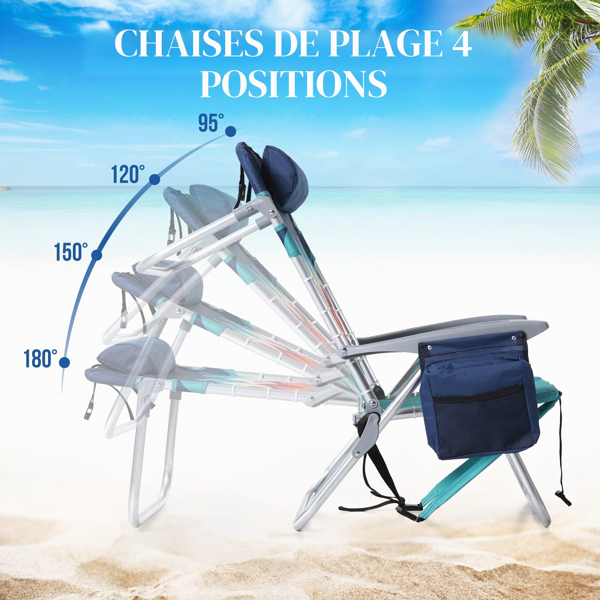 LET'S CAMP Lot de 2 Chaises de Plage Classiques à 4 Positions | Coussin et Bretelles rembourrées, Pochette de Rangement et Barre Tour, Supporte 120 kg, Vague