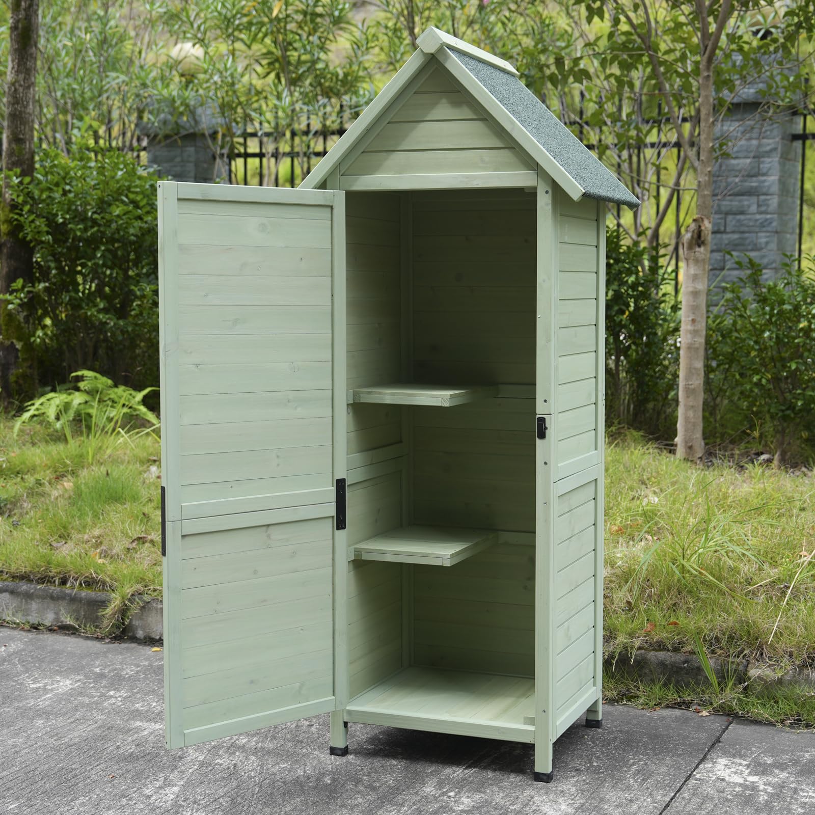 Gartenschrank Grau 3 Regalböden Asphaltdach grün