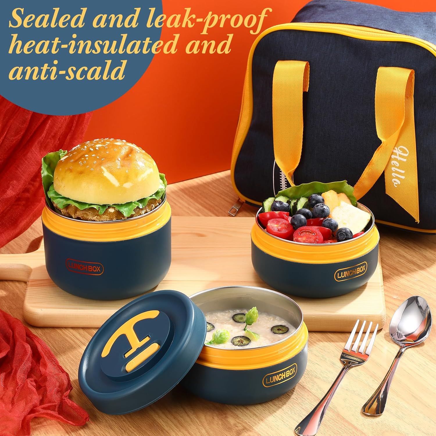Dandat 3 Pcs Portable Insulated Lunch Container Set for Adult Kids, Stackable Stainless Steel Bento Box for Hot Food with Insulated Lunch Bag Unisex 3 Separate Thermal Food Container - Image 5
