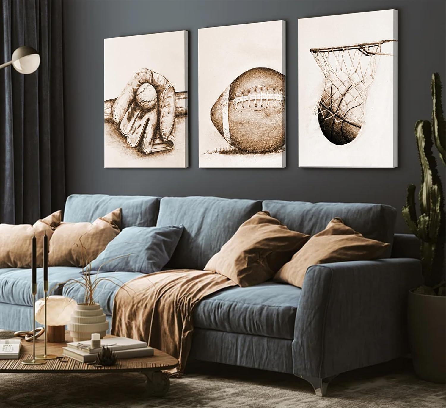 3Pcs Sports Wall Art Football Baseball Basketball Theme Painting Picture Wall Decor Vintage Sport Poster Print Artwork for Boy Room Playroom Bedroom Gameroom Home Decoration