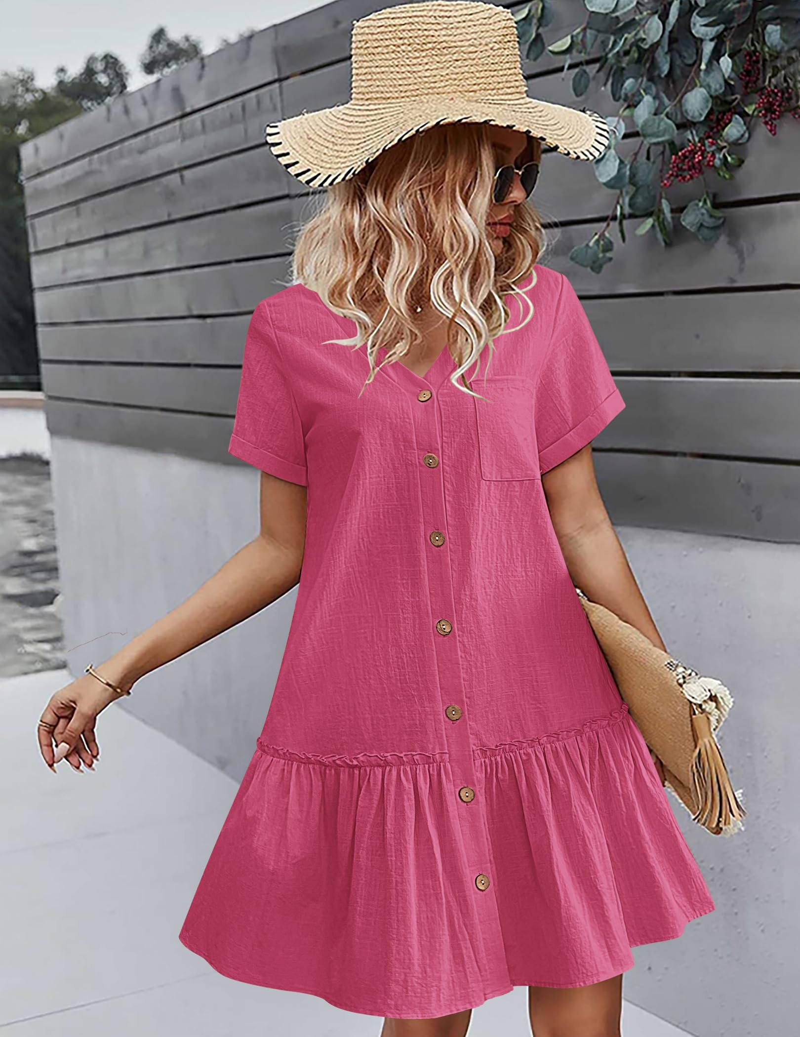 Hotouch Robe d'été boutonnée en lin pour femme - Robe de plage décontractée - Col en V - Mini robe à manches courtes - Robe trapèze - Robe à volants