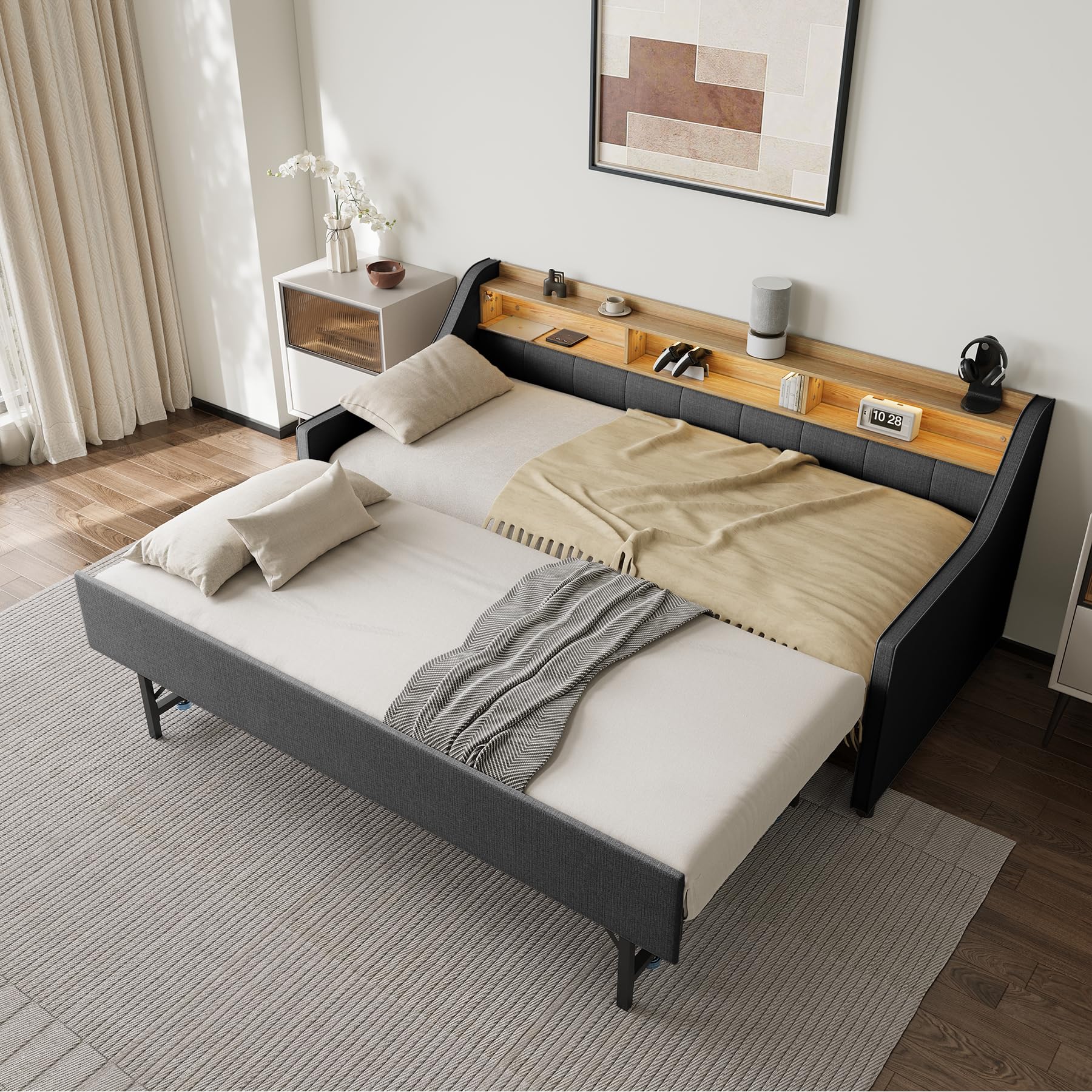 Twin Daybed with Pop Up Trundle, Twin to King Size Day Bed w/LED/USB/Type C/Storage Shelf/Wireless Charger, Daybed with Trundle Bed Twin, No Box