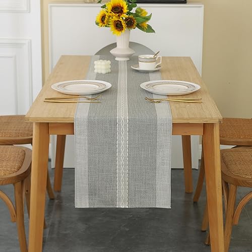 Miniatura 3 de Camino de mesa de rayas trenzadas grises estilo granja de Navidad, hecho a mano, de lino rústico, decoración de mesa auxiliar para bodas, fiestas y