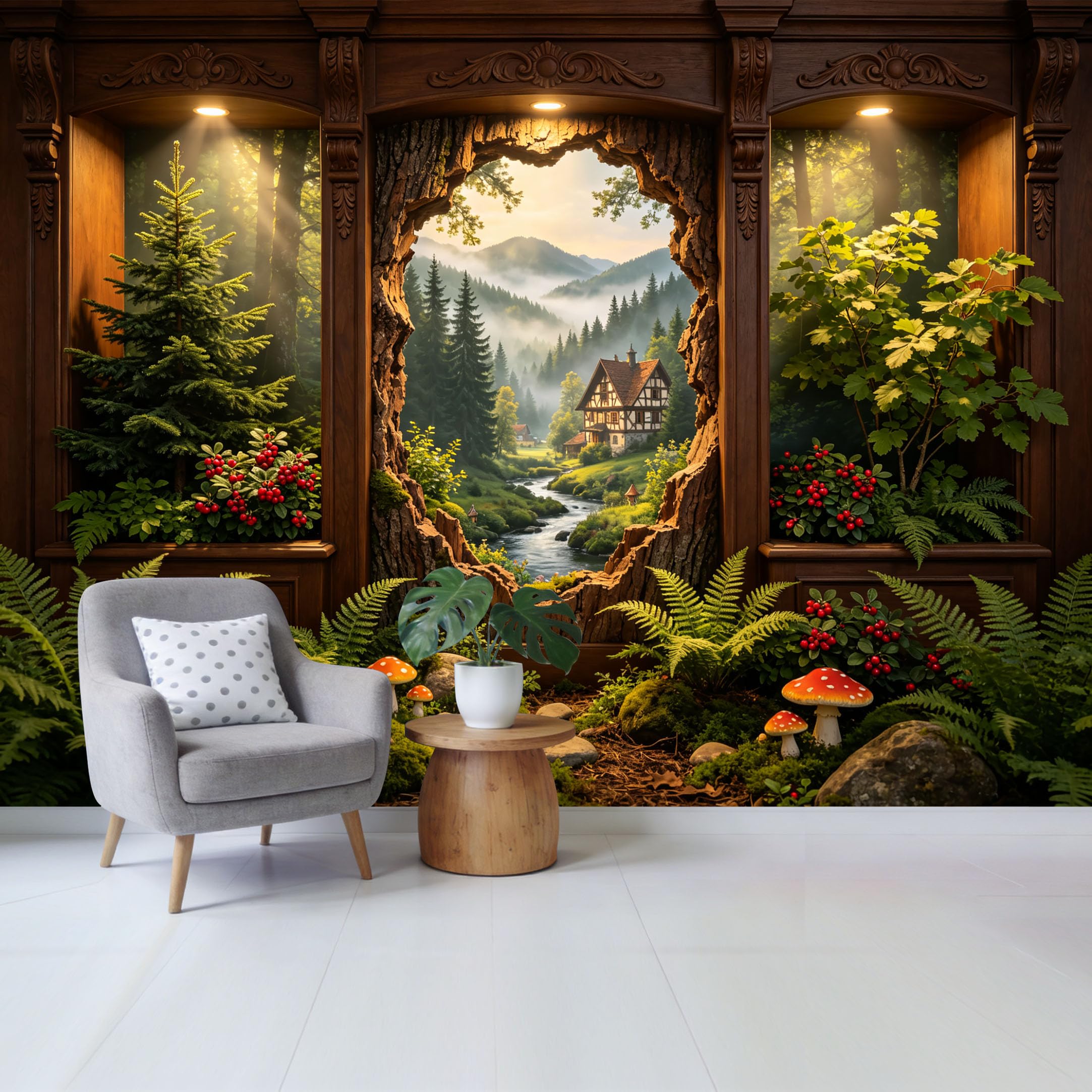 Custom Size Wall Mural Enchanted Forest Cottage River Landscape 3D Trompe L'Oeil Removable Self Adhesive Fabric Home Wall Decor for Living Room Bedroom Bathroom