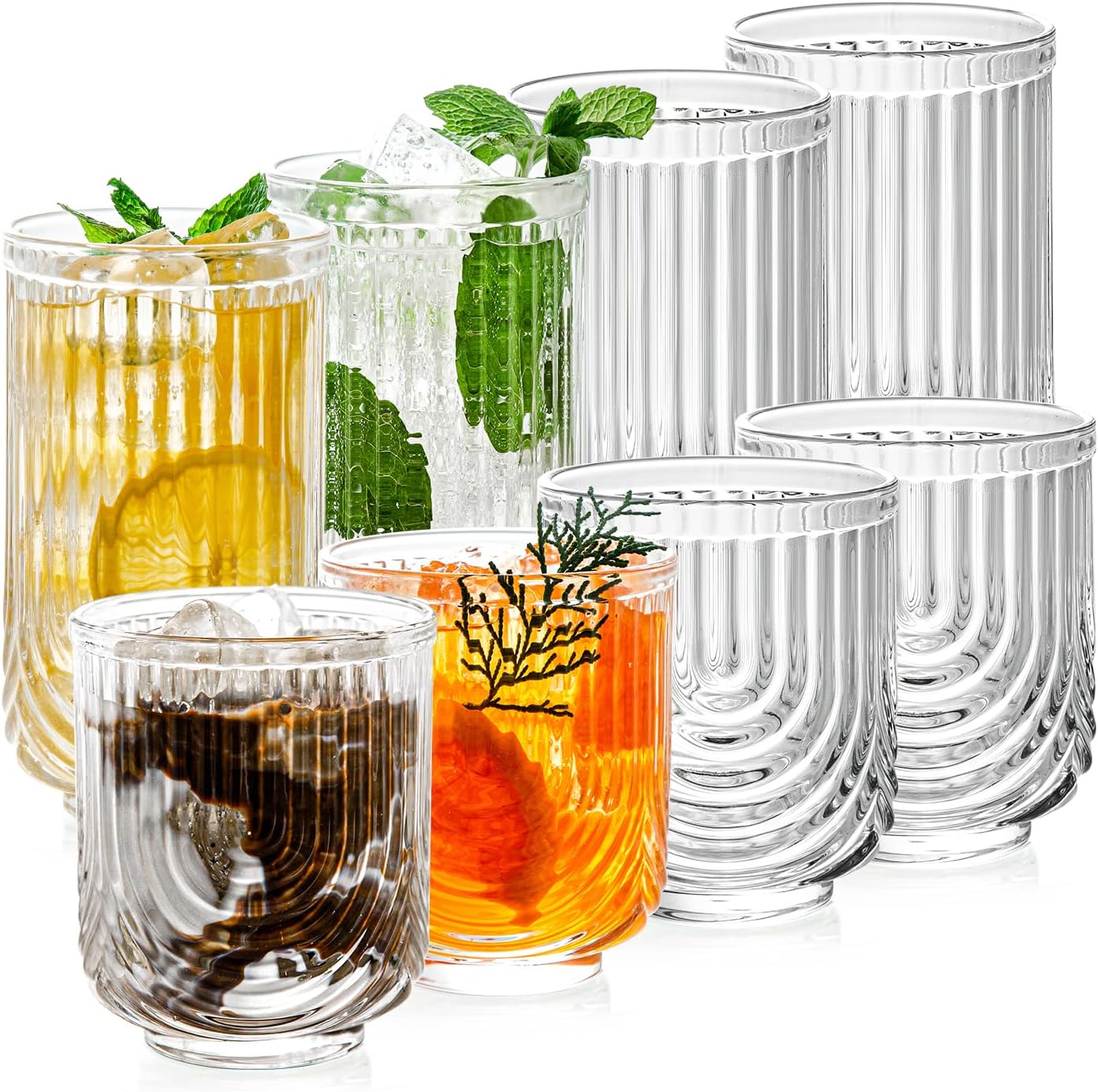 Ribbed Glassware Set of 8, 4 pcs Coffee Tumbler & 4 pcs Rocks Glass Cups, Durable Cocktails & Iced Coffee Cups, Versatile Drinkware for Juice, Smoothies, Whiskey, Wine, Elegant Glass Set for Women