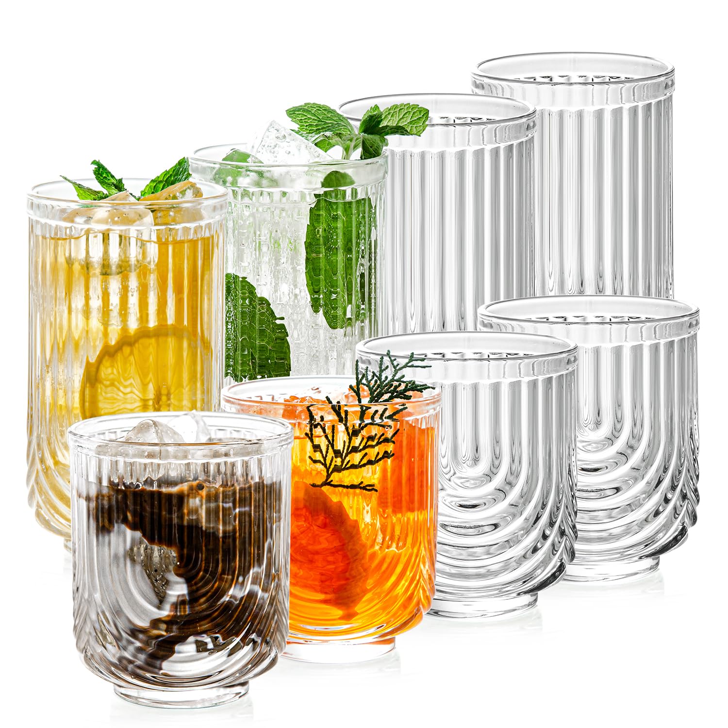 Ribbed Glassware Set of 8 4 pcs Coffee Tumbler 4 pcs Rocks Glass Cups Durable Cocktails Iced Coffee