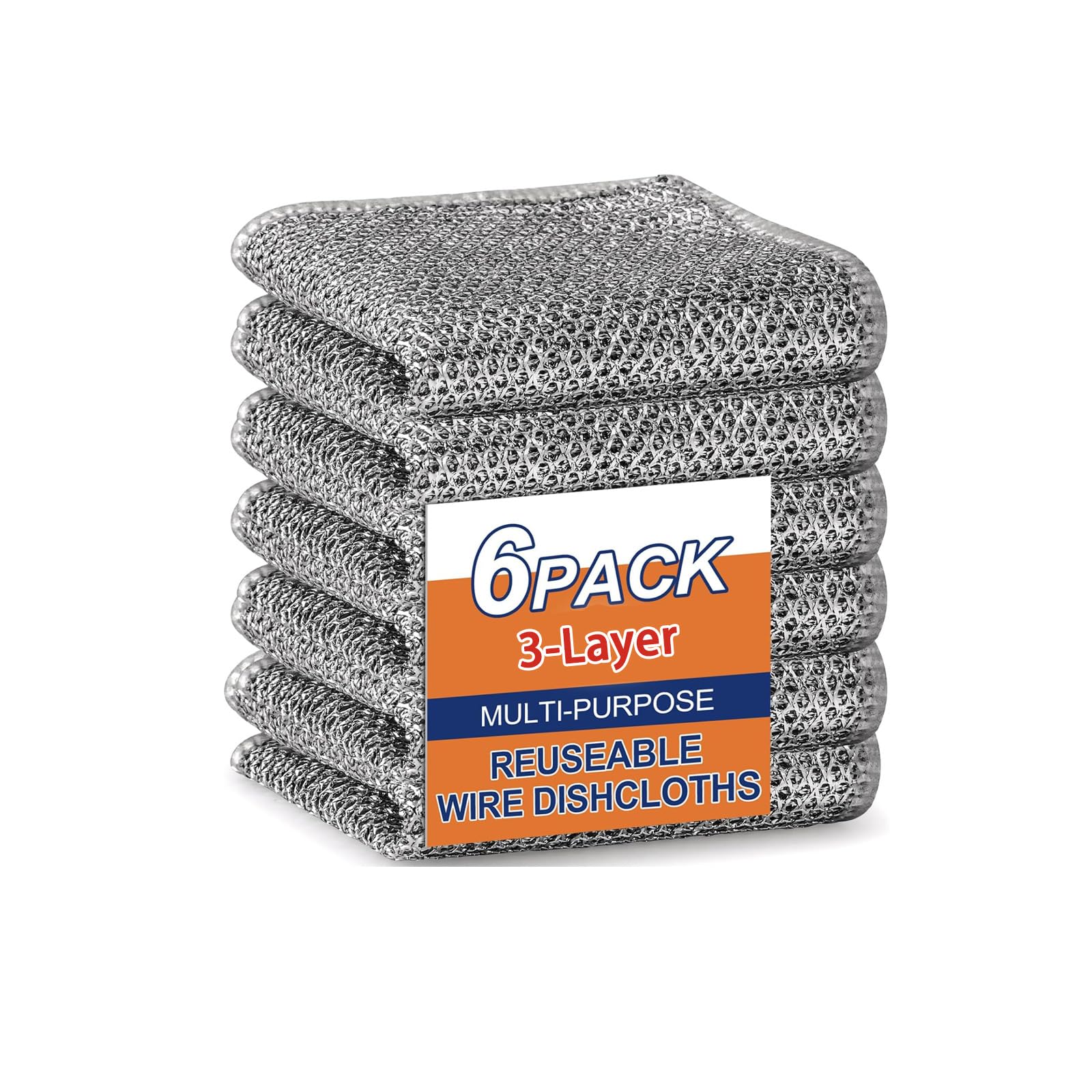 Upgraded 3-Layer Metal Dish Scrubber-6Pcs, No Scratches, Odor-Free, Multi-Purpose Stainless Steel Scouring Pad for Kitchen Cleaning – Dry & Wet Use, for Dishes, Cookware, Sinks, Stove Tops