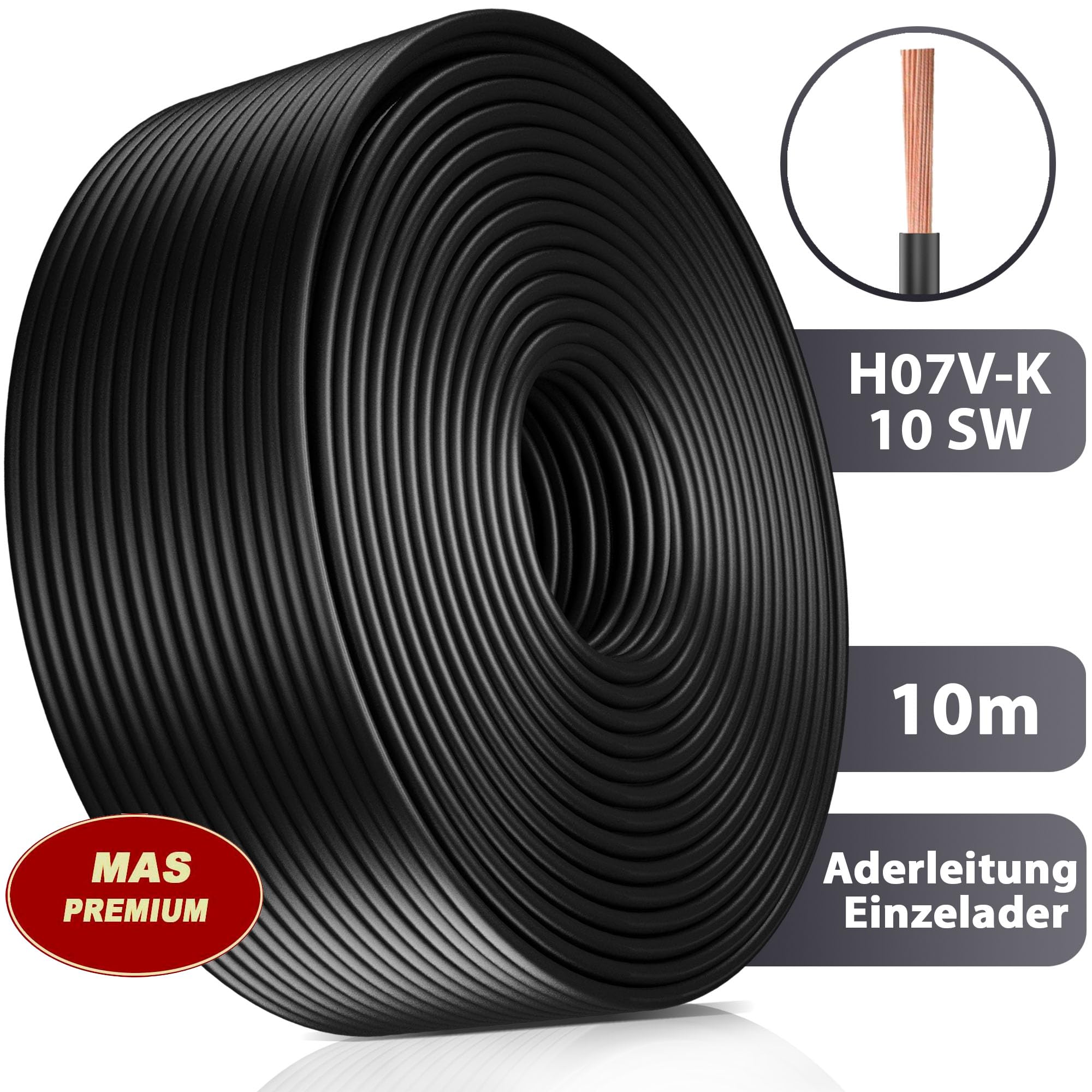 MAS Premium Von 5 bis 100m Aderleitung H07 V-K 10 mm² Schwarz, Braun, Dunkelblau, Grüngelb, Hellblau oder Rot Einzelader flexibel (Schwarz, 10m)