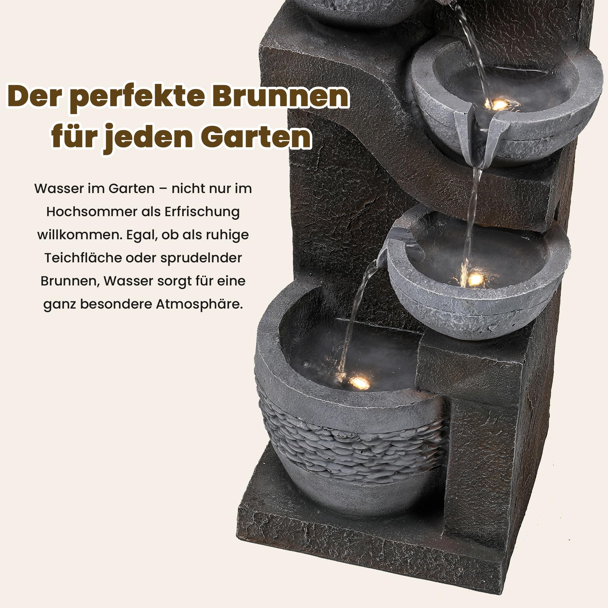 Fuente de Agua para Jardín y Exteriores, Fuente de Jardín con Iluminación LED, Cascada de 5 Niveles para Patio, Fuente Decorativa con Bombas, Decoración de Interior para Terraza, Gris