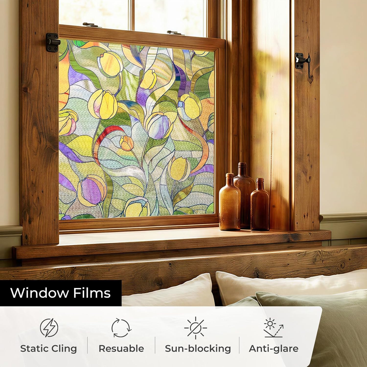 3D Stained Glass Window Film, Decorative Window Privacy Film for Bathroom,Front Door,Home, Sun Blocking Heat Control,Static Cling, Moonlight Tulip, 23.6inch x 35.4inch