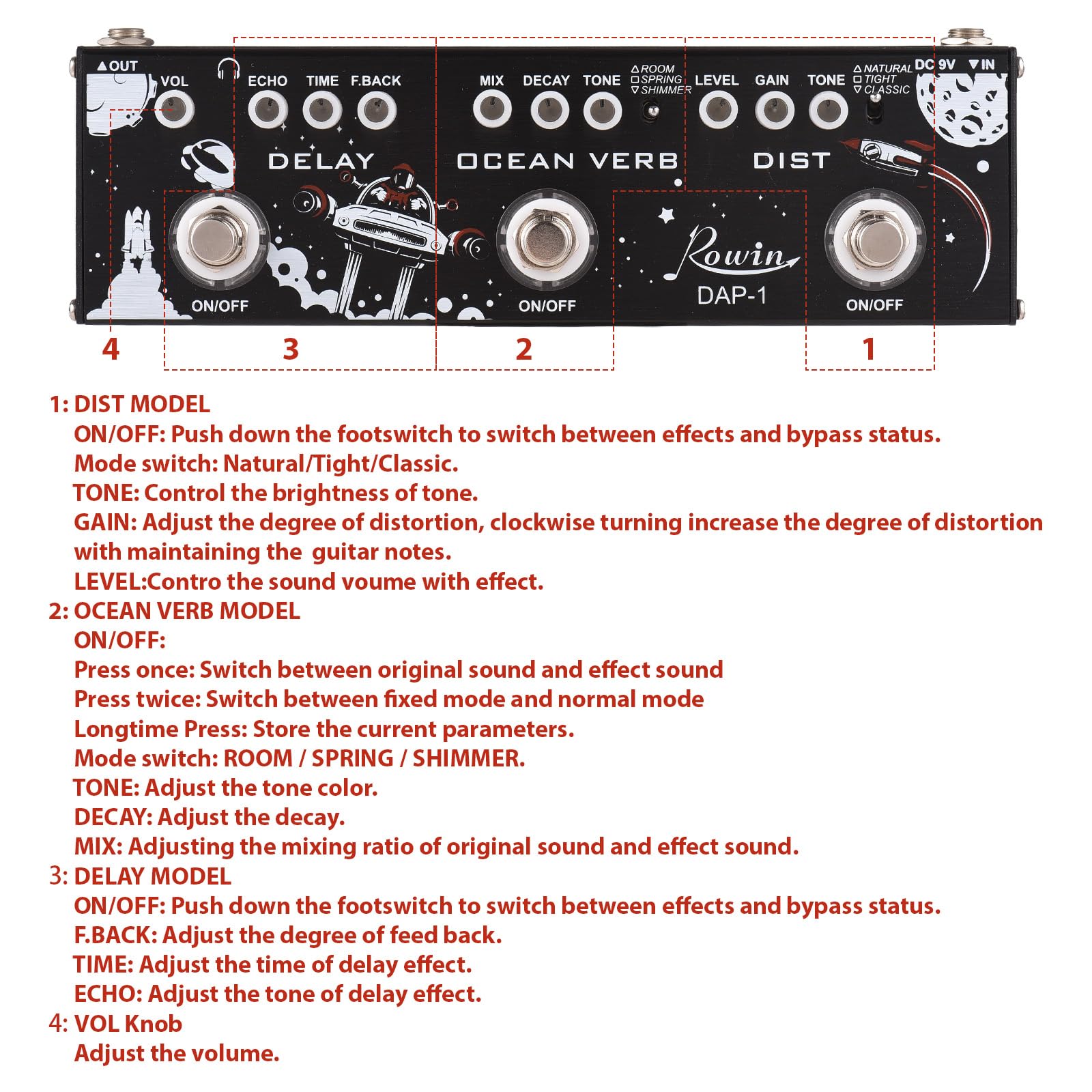 Pedal de Efectos múltiples para Guitarra 3 en 1, retardo/verbo oceánico/distorsión, Carcasa de aleación de Aluminio con función True Bypass, Pedal de Efecto de Guitarra eléctrica portátil