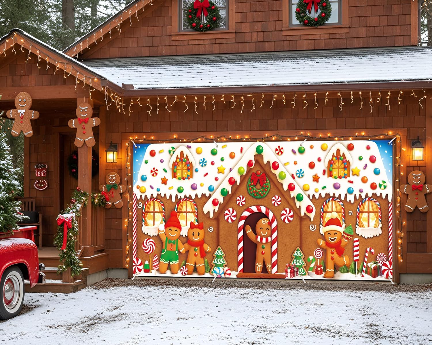HunnmingRe Christmas Garage Door Banner Decoration Magnetic Double Garage Door Covers Large Xmas Backdrop Decorations for Holiday Indoor Outdoor Party Decor(16 x 7 ft,Gingerbread House)