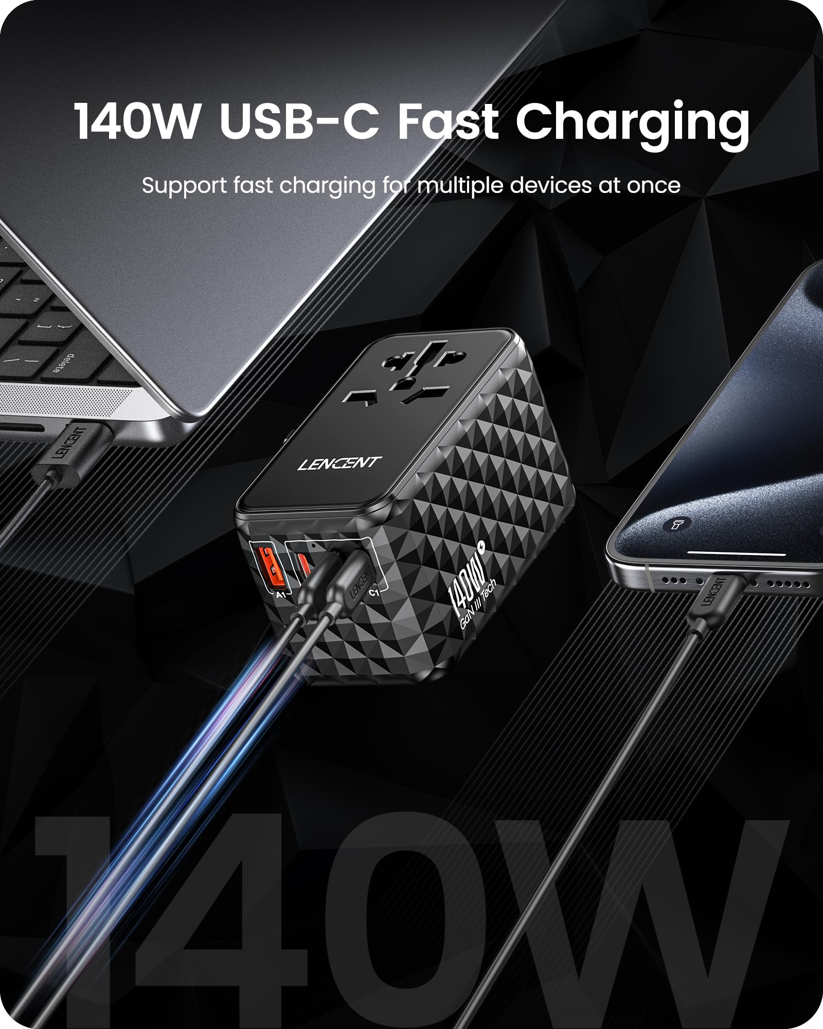 LENCENT 140W Adapter Podróżny na Całym świecie, GAN III Uniwersalny Adapter | Wtyczki, Szybkie ładowanie Międzynarodowa ładowarka z 1 USB-A i 3 Typu C PD do USA/UK/EU/AUS, Typ A/C/G/I, Czarny