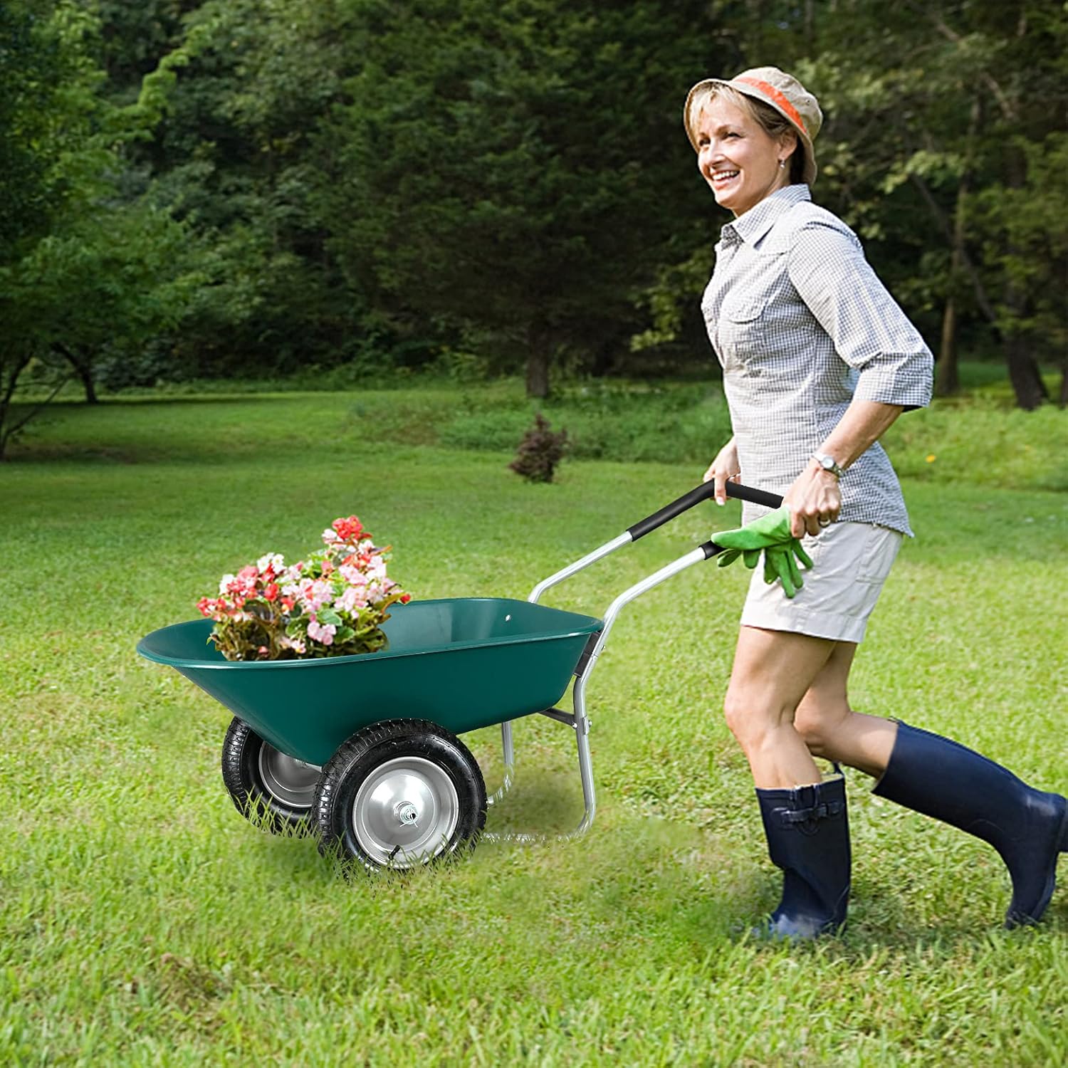 VINGLI Dual-Wheel Garden Cart, Yard Wheelbarrow Green, Built-in Stand for Lawn, Garden, Yard, Excellent Loading Capacity and Volumn : Patio, Lawn & Garden