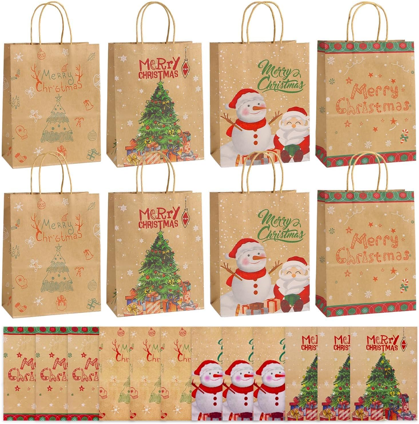 BOLZRA Kraft Christmas Gift Bags with Handles, 10.6''x4.4''x8.7'' Christmas Kraft Paper Prints with Xmas Tree, Snowman, Santa Claus for Presend Wrap Goody Bags, School Party Favors, 20Pack