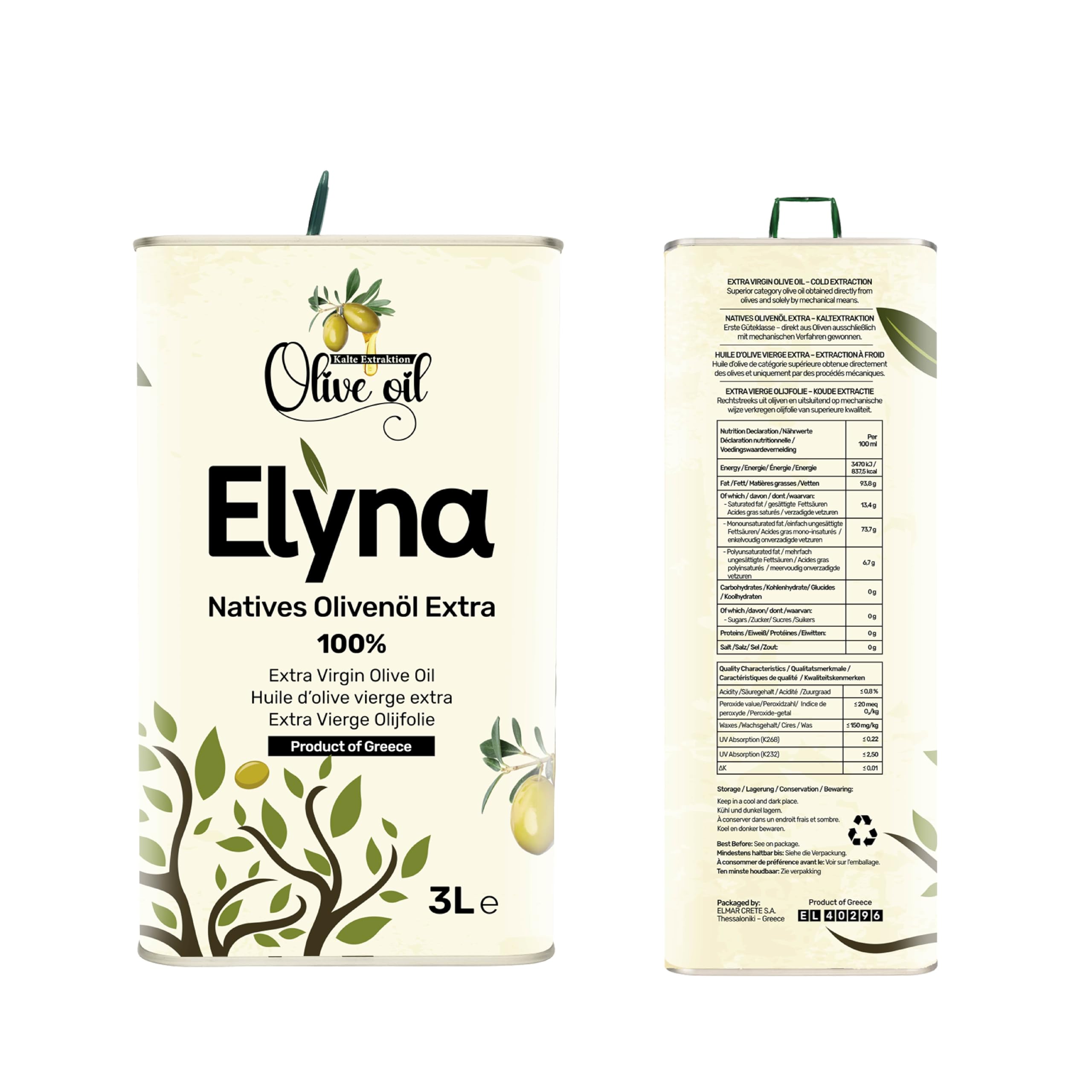 Huile d’Olive Vierge Extra – Pressée à Froid & 100% Naturelle – Huile d’Olive Grecque Premium, Première Catégorie (3 Litres)
