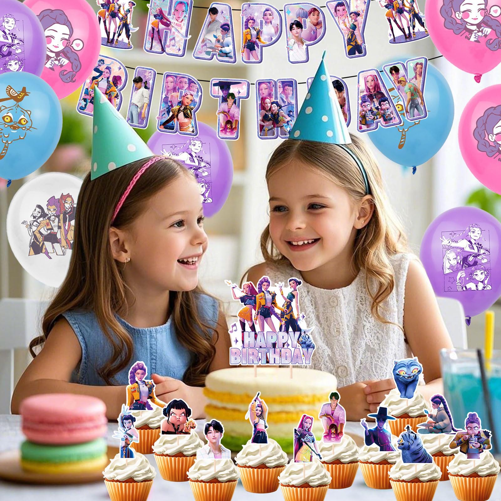 42pcs Set Decorazioni Festa di Compleanno Kpop Demo, Tema Cartone Animato con Banner, Palloncini e Topper per Cupcake per Feste di Bambini