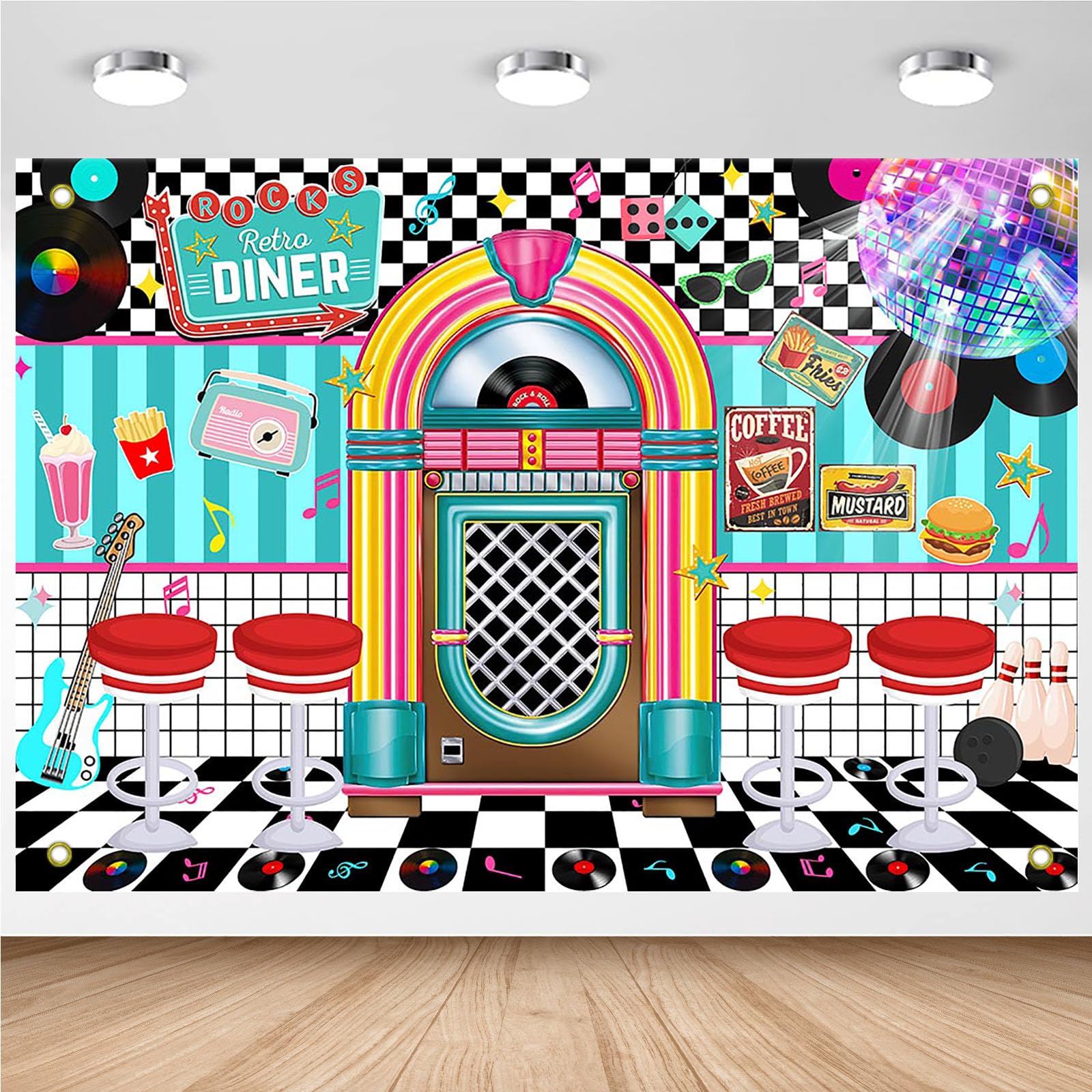 Avezano 50s Retro Diner Party Backdrop 50s Retro Rock and Roll Diner Classic Decoration Banner 1950s Sock Hop Party Decor 84 x 60 Inch