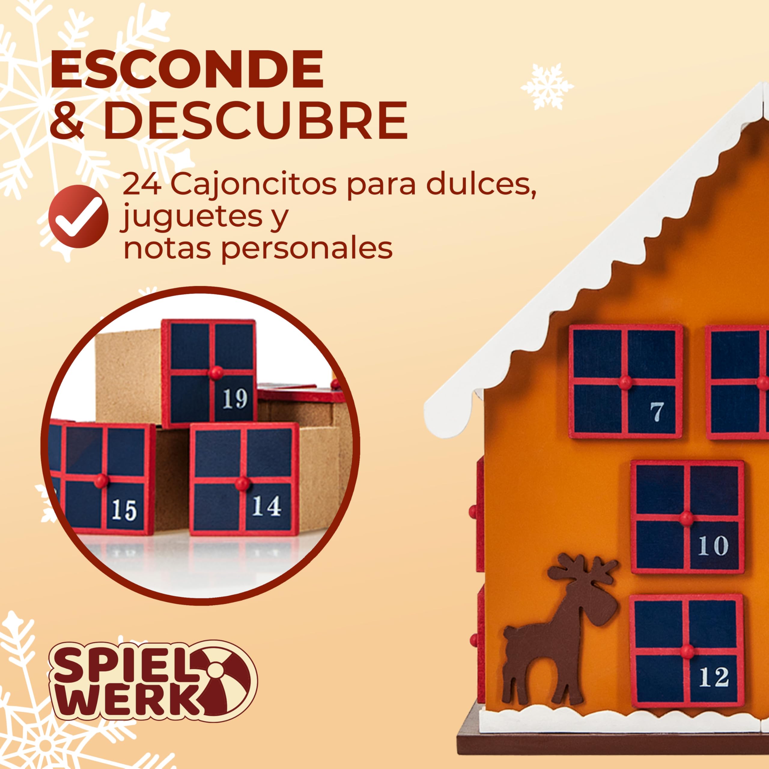 Spielwerk® Calendario de Adviento Madera Casita Jengibre 24 Cajoncitos Rellenable Chuches Vacio Reutilizable Adorno Decoración Navidad 2025 Personalizable