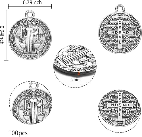 Miniatura 2 de Medalla de San Benito, 100 medallas de San Benito, Medalla de San Benito de metal de 0.94 x 0.79 pulgadas de protección contra el mal, colgante de