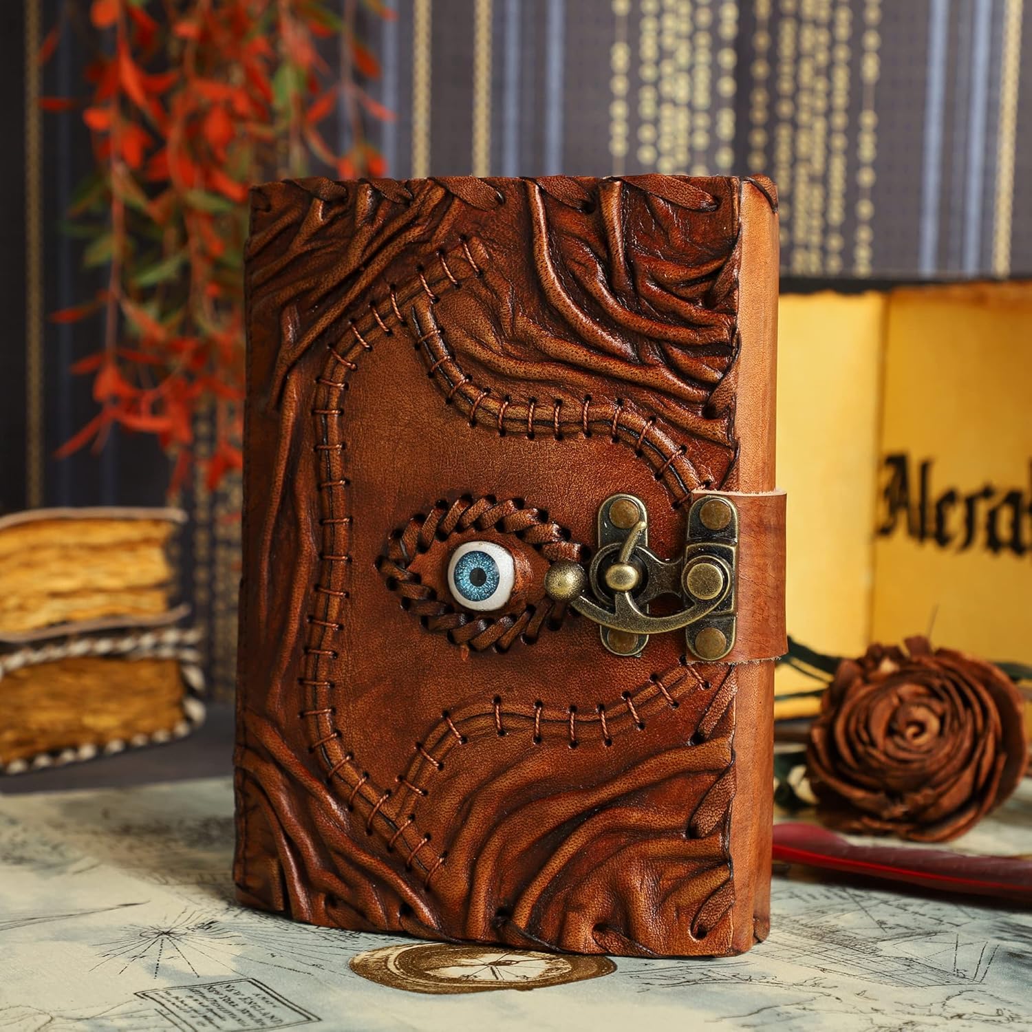 Hocus Pocus Księga Zaklęć Skórzany Dziennik Krawędź Papier Grimoire Journal Trzecie Oko Vintage Skórzany Dziennik Księga Cieni Dziennik Antyczny Zaklęcie Książka Wiedźmy Dziennik Zamek Zapięcie Notatnik 18 x 12 cm