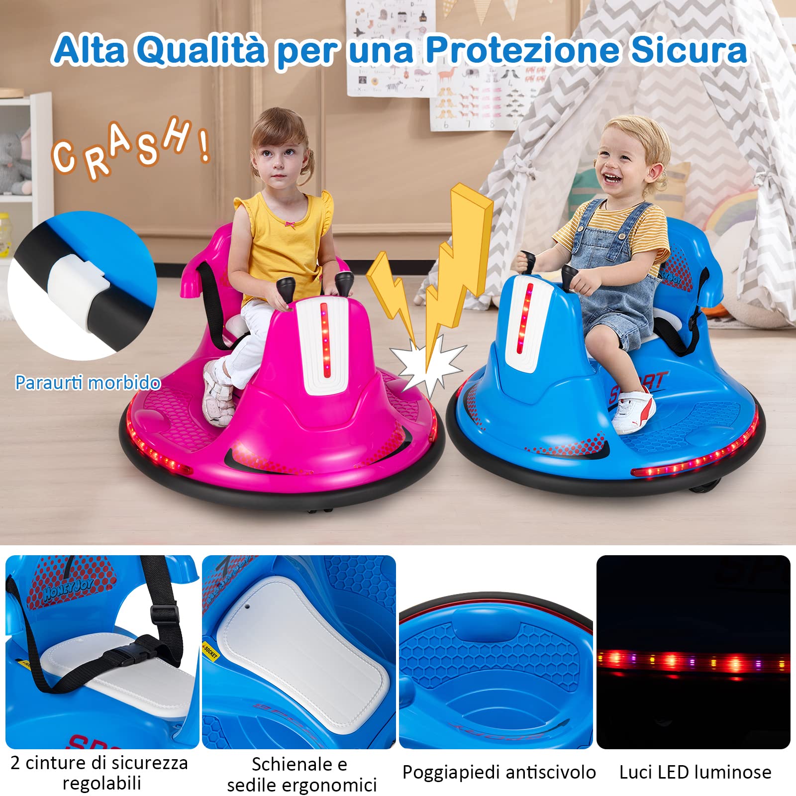 COSTWAY 6V Autoscontro Elettrico per Bambini, Veicolo Elettrico con Telecomando, Girevole a 360°, Luci LED Colorate e Cintura di Sicurezza Regolabile, 37-95 Mesi (Blu)
