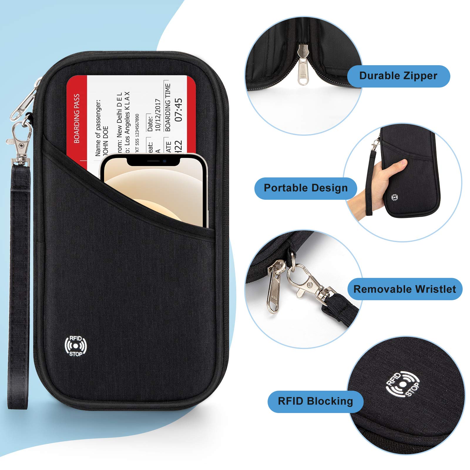 Soporte para pasaporte familiar con diseño de acordeón RFID, cartera de viaje con bloqueo, organizador de documentos con cremallera para mujeres y hombres (Negro-2), Negro-2, Cartera Rfid 7