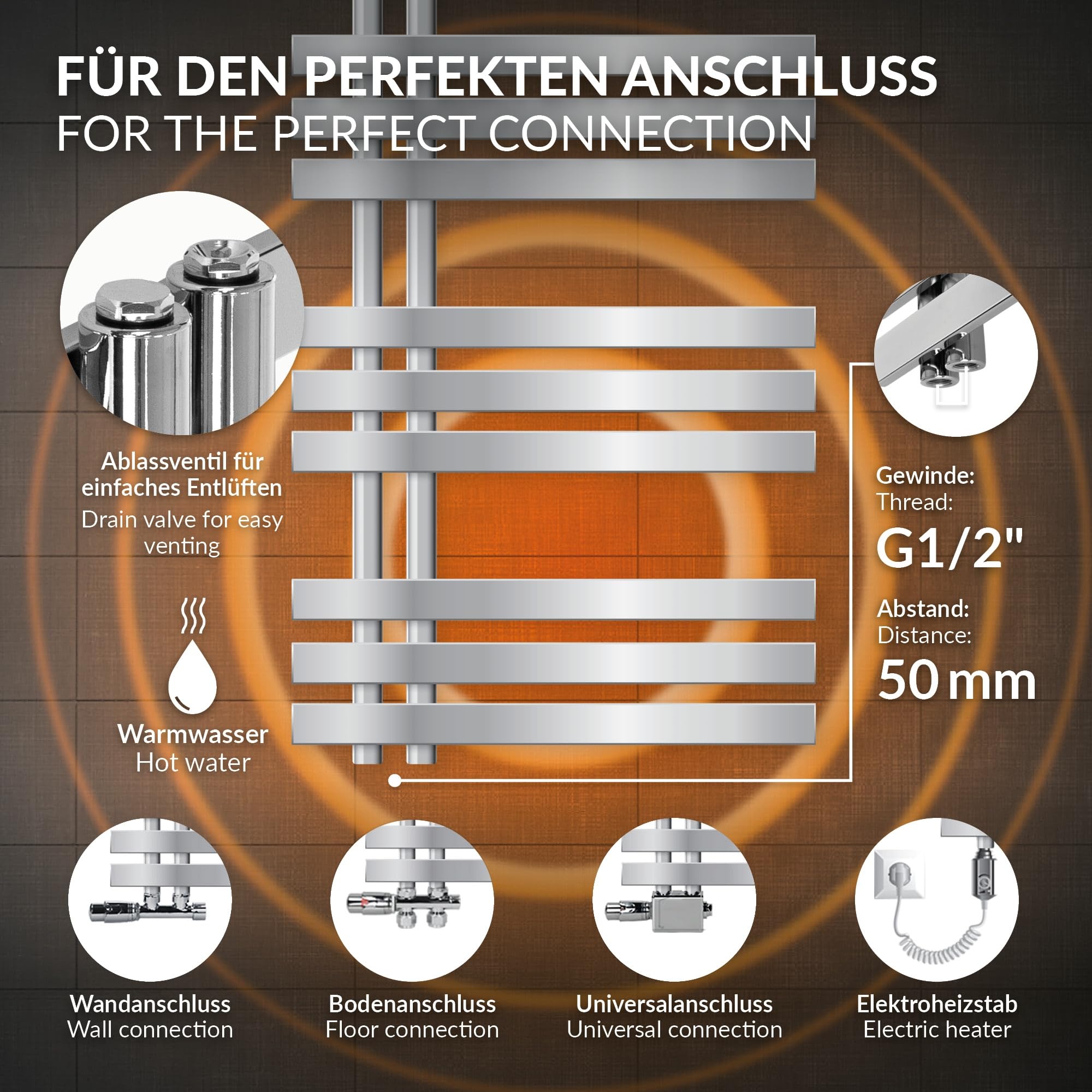 ECD Germany Radiatore da Bagno a Pannello Iron EM Design Scaldasalviette - 500x1200 mm - Cromato - Radiatore Scaldasalviette Asciugabiancheria 500x1200 mm