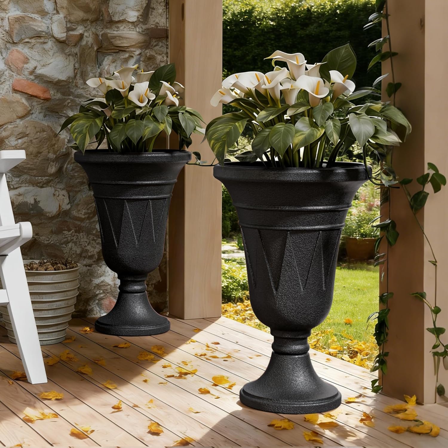 Tall Urn Planters for Outdoor Plants Set of 2-23.6" H Vintage Trophy Design Outdoor Planters for Porch Decor with Drainage Hole, Indoor Large Flower Pots, Pedestal Planter/Garden Vase, Black