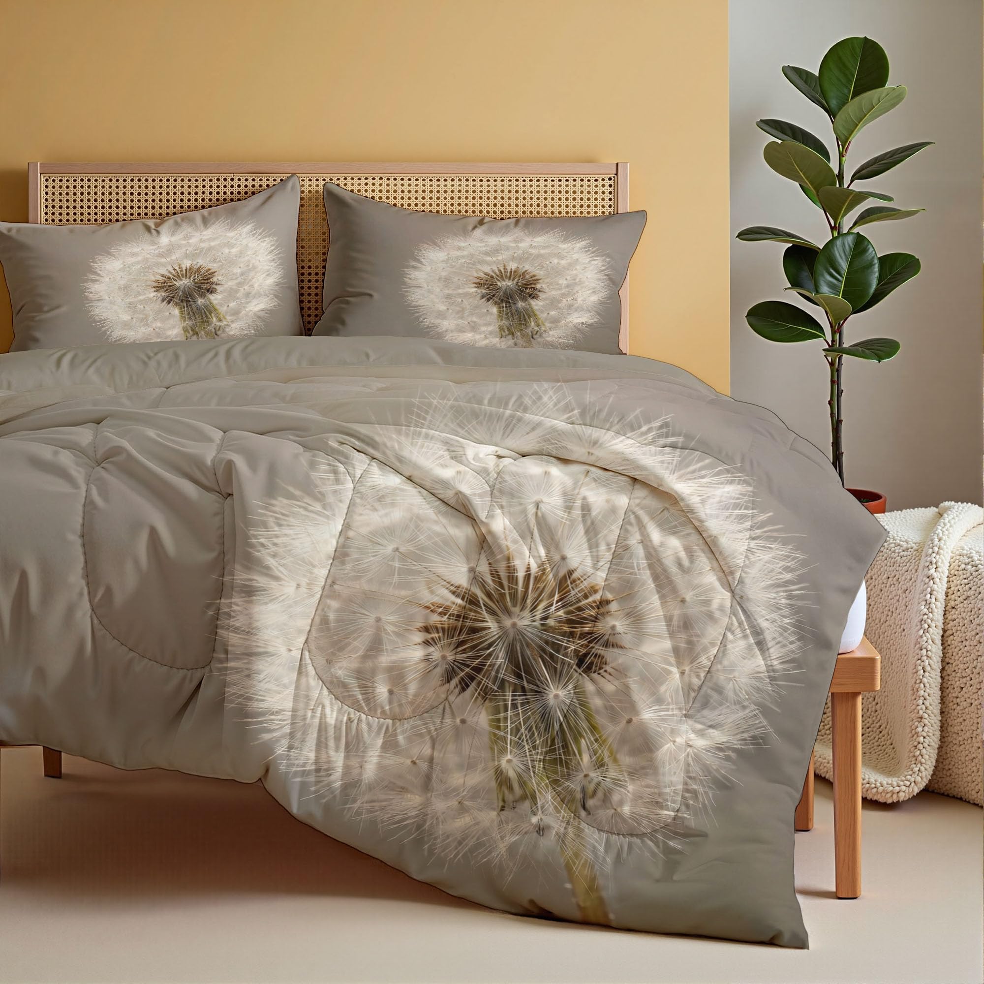 Bettdecke Ohne Bezug Löwenzahn 140x200cm | 4 Jahreszeiten Waschbare Bettdecken Minimalistischer Botanischer Realismus Warme Steppdecke - Weiche Wendebettwäsche Mit 2 Kissenbezug