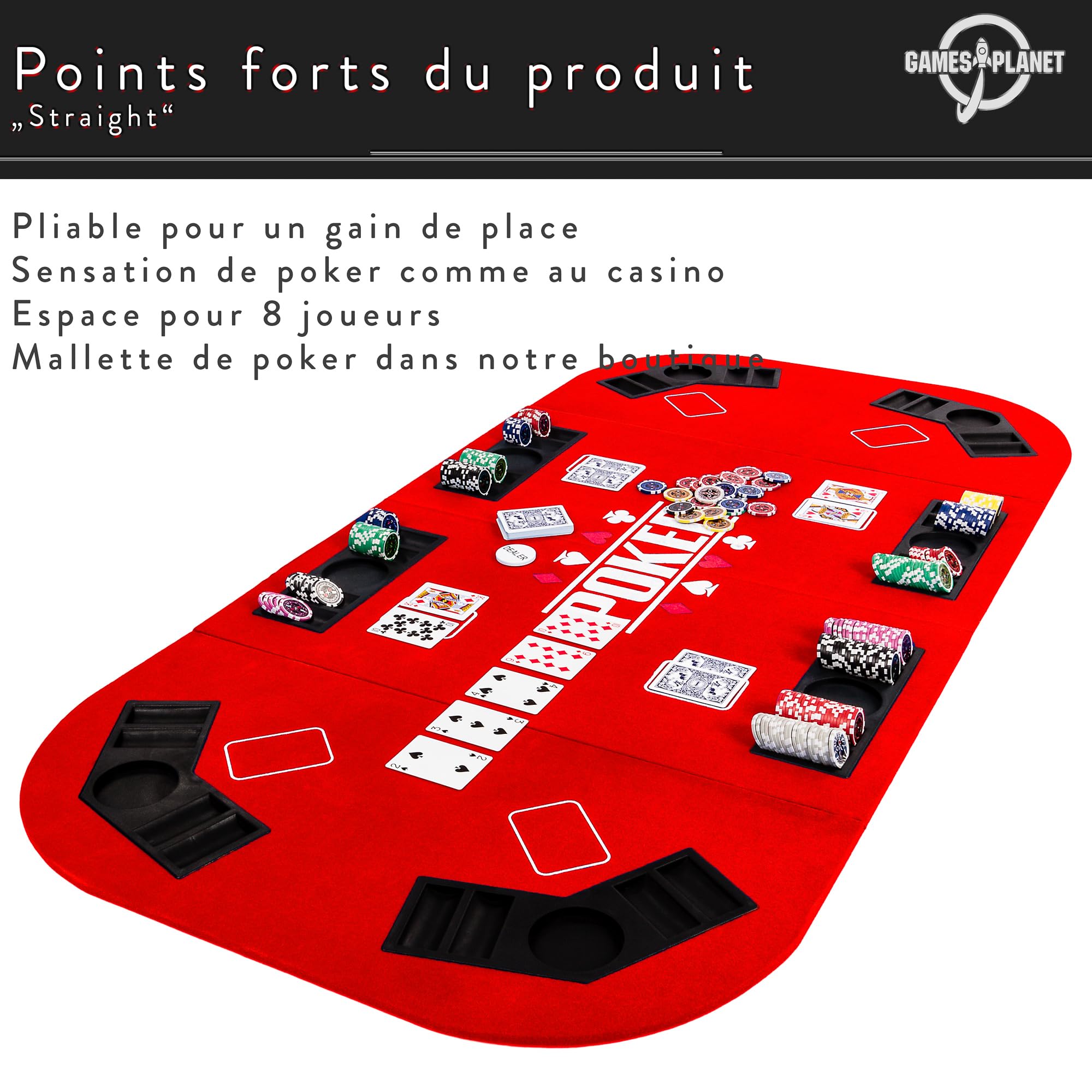 GAMES PLANET Support de Poker Pliable Straight pour jusqu'à 8 Joueurs, Dimensions 160x80 cm, Plateau MDF, 8 Porte-Boissons, 8 chiptrays