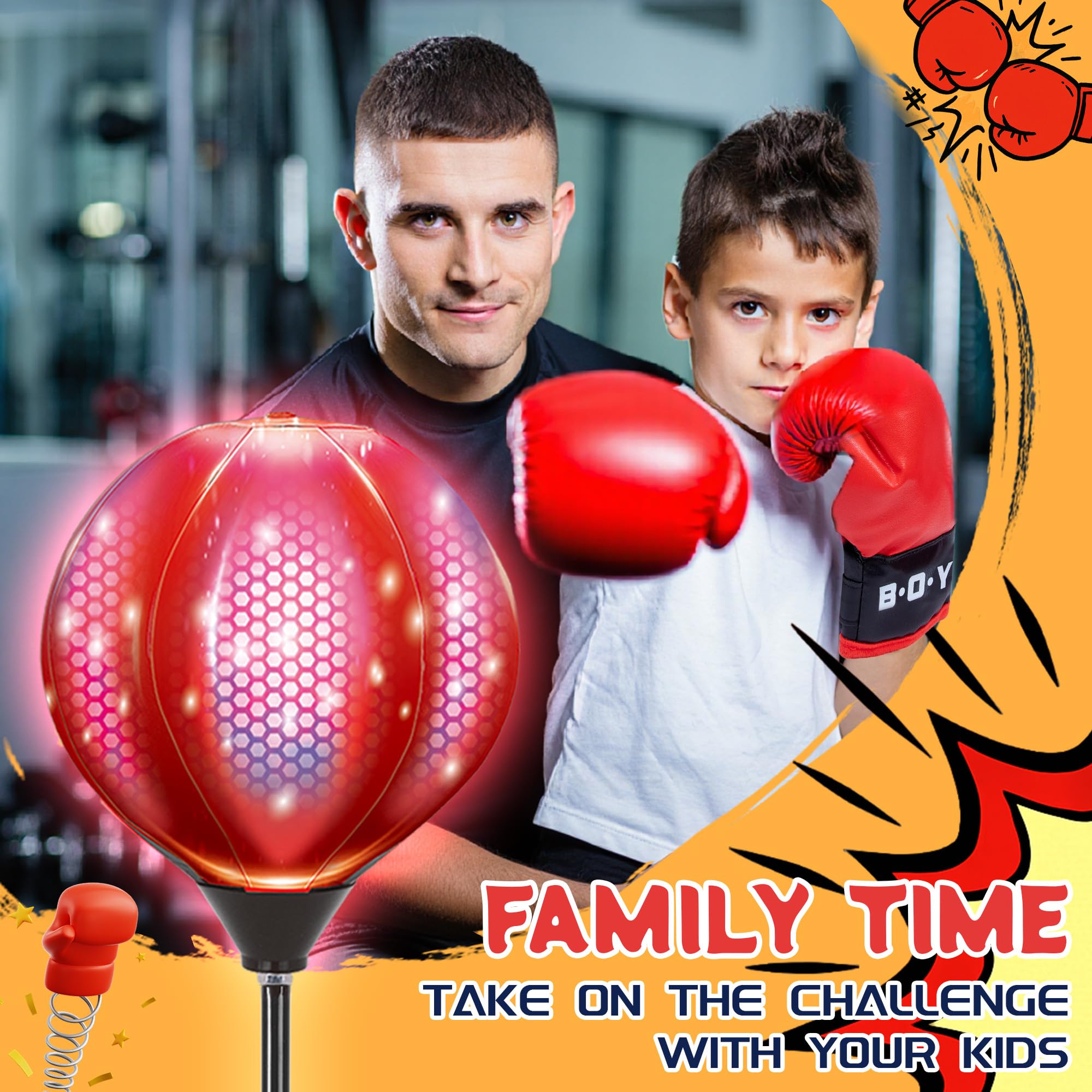 JOY SPOT! LED Boxsack mit Ständer, Höhenverstellbar Punchingball für Kinder, Boxen Set inkl. Boxhandschuhe & Pumpe, Leuchtender Punching Bag für Erwachsene, Boxball-Set Spielzeug für Speed Training