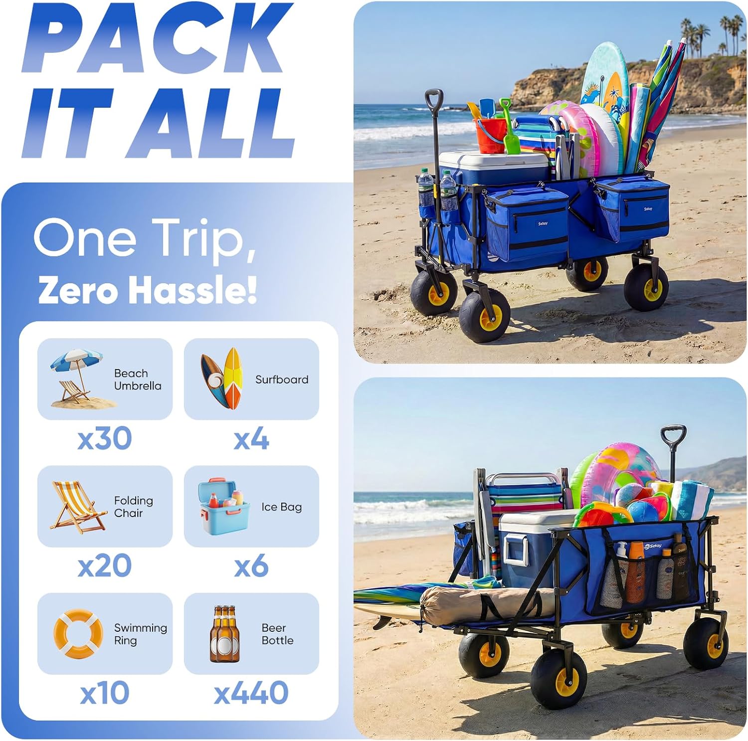 Sekey Heavy Duty Beach Wagon with 9" Big Sand-Proof Wheels, 300L Oversized Foldable Beach Cart with Cooler| Adjustable Handle & Balloon Tires for Sand, Camping,Vacation thumbnail