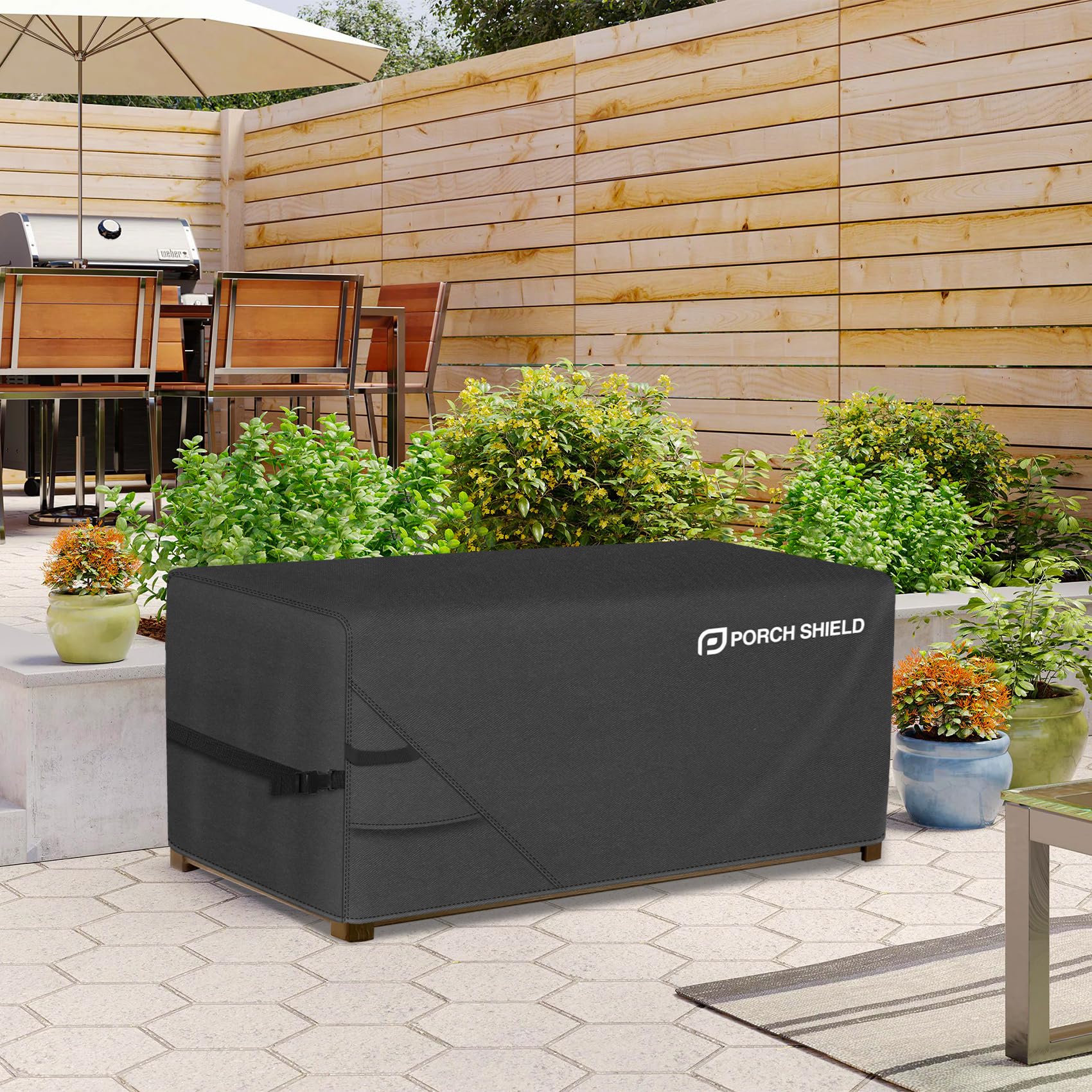 Porch Shield Housse imperméable et résistante aux déchirures pour coffre de terrasse, pour coffre de 276 l, 600D, adaptée aux tables brasero rectangulaires, 112 x 71 x 61 cm, noir