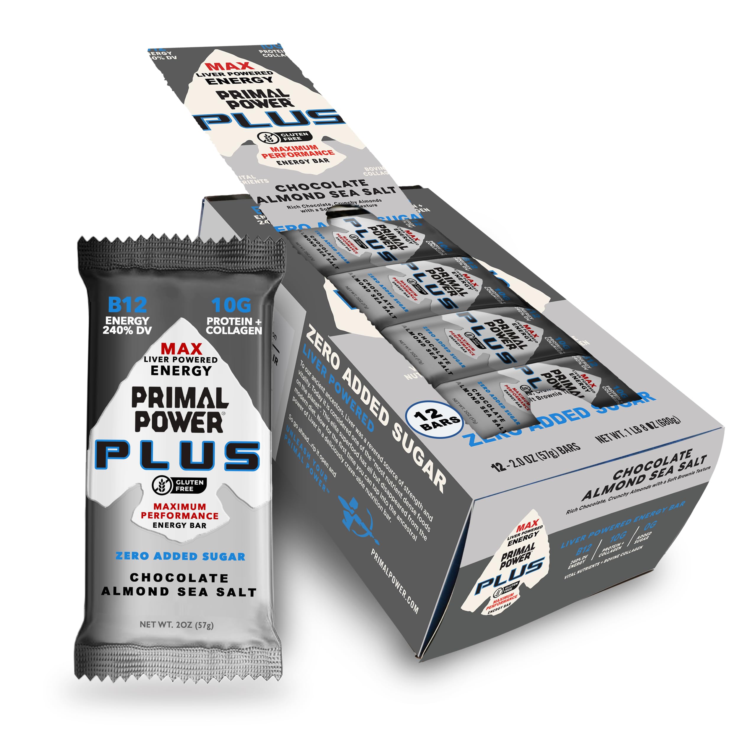 Primal Power Plus Liver Powered Nutrition Bars - B12 Energy Boost, 10g Protein, Vitamins, Minerals, Collagen, Zero Added Sugar, Gluten Free - Pack of 12 (Chocolate Almond Sea Salt Flavor)