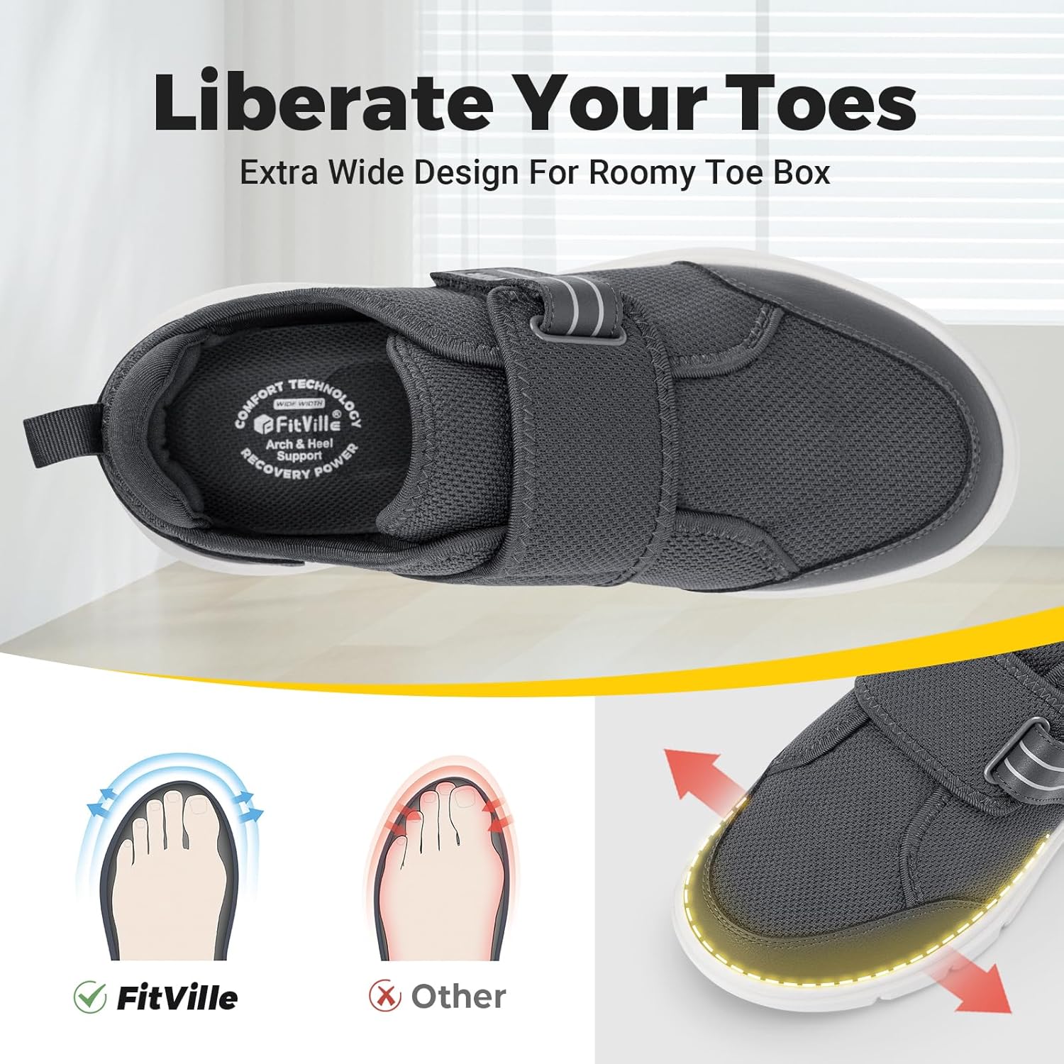 FitVille Diabetic Shoes for Men Extra Wide, Hook and Loop Walking Shoes for Elderly for Swollen Feet Foot Pain Relief Neuropathy - EasyTop V10 - Image 4