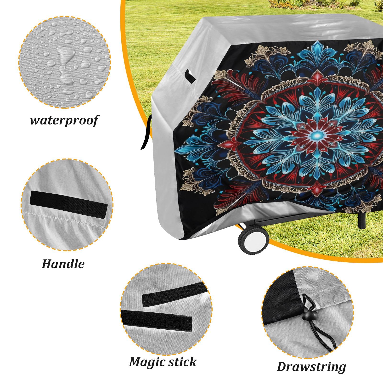 Copertura per barbecue di alta qualità, impermeabile, resistente allo sbiadimento, resistente, adatta per griglie fino a 25 cm in rosso blu mandala