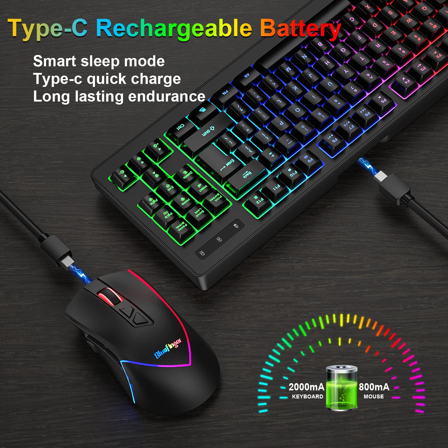 Keyboard And Mouse Wireless BlueFinger RGB 87 Keys Gaming Keyboard