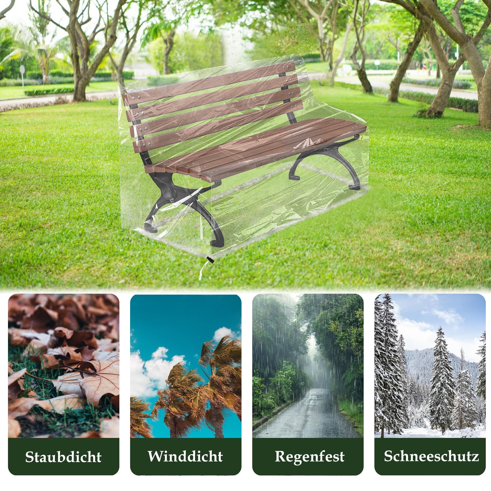 Lona protectora para banco de jardín de 3 plazas, transparente, con cordón, cierre de cordón, fundas de polietileno, 160 x 80 x 75 cm, para banco de jardín, protección contra la lluvia