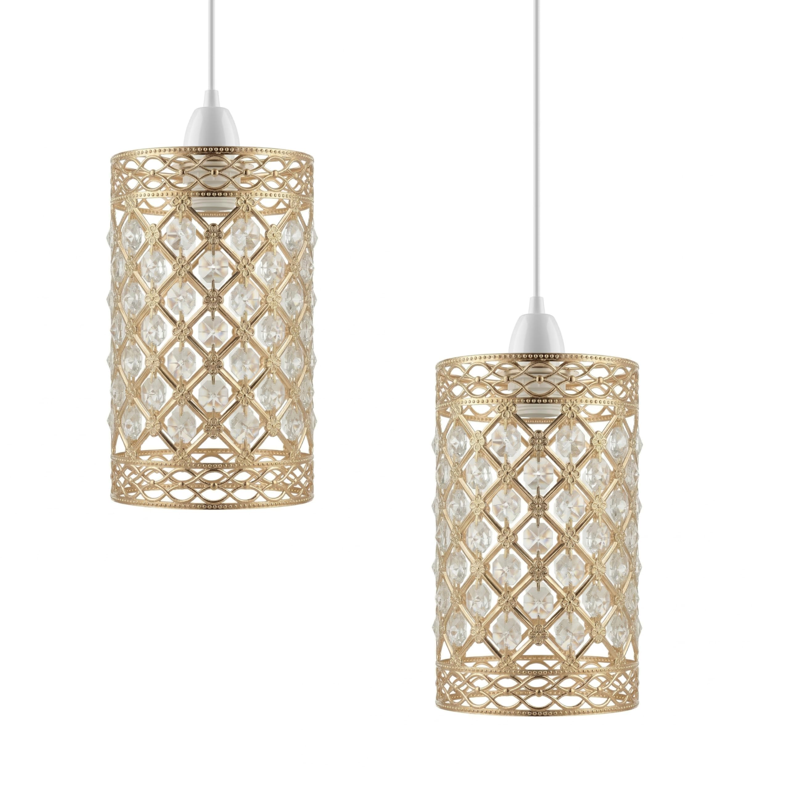 2 Pack Modern French Gold Crystal Pendant Light Shade, Jewels Modern Easy Fit Round Drum Pendant Lampshade,10cm Diameter Crystal Ceiling Light for Kitchen Island, Dining Room, Living Room — image 1