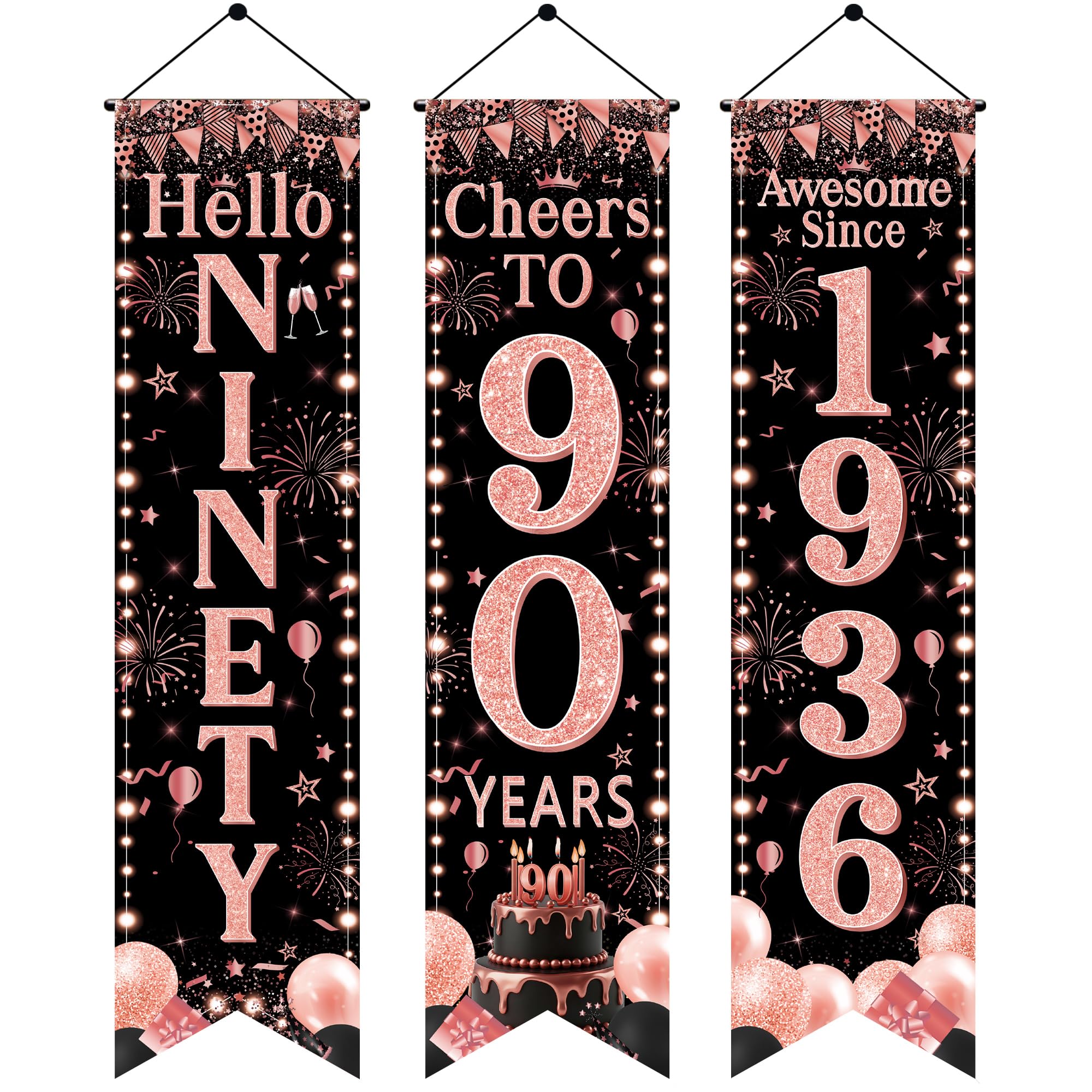 90th Birthday Door Banner Decorations - Black Rose Gold Hello Ninety Porch Signs 3.9x0.9ft, 3Pcs Cheers to 90 Years Awesome Since 1936 Hanging Banners for 90th Birthday Party Decor