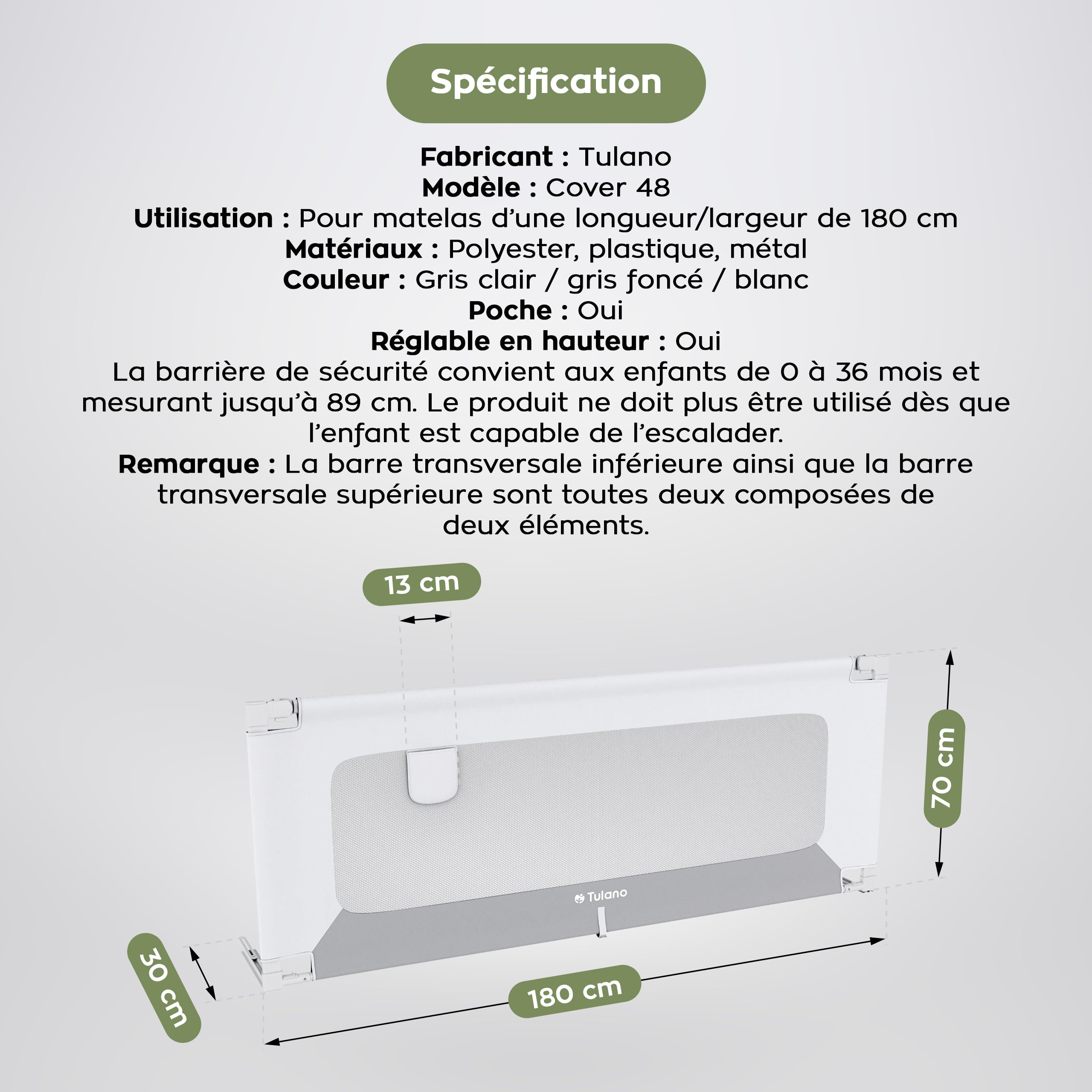 TULANO Cover 48 Barrière de lit Enfant 180 cm, avec Poche latérale, Gris